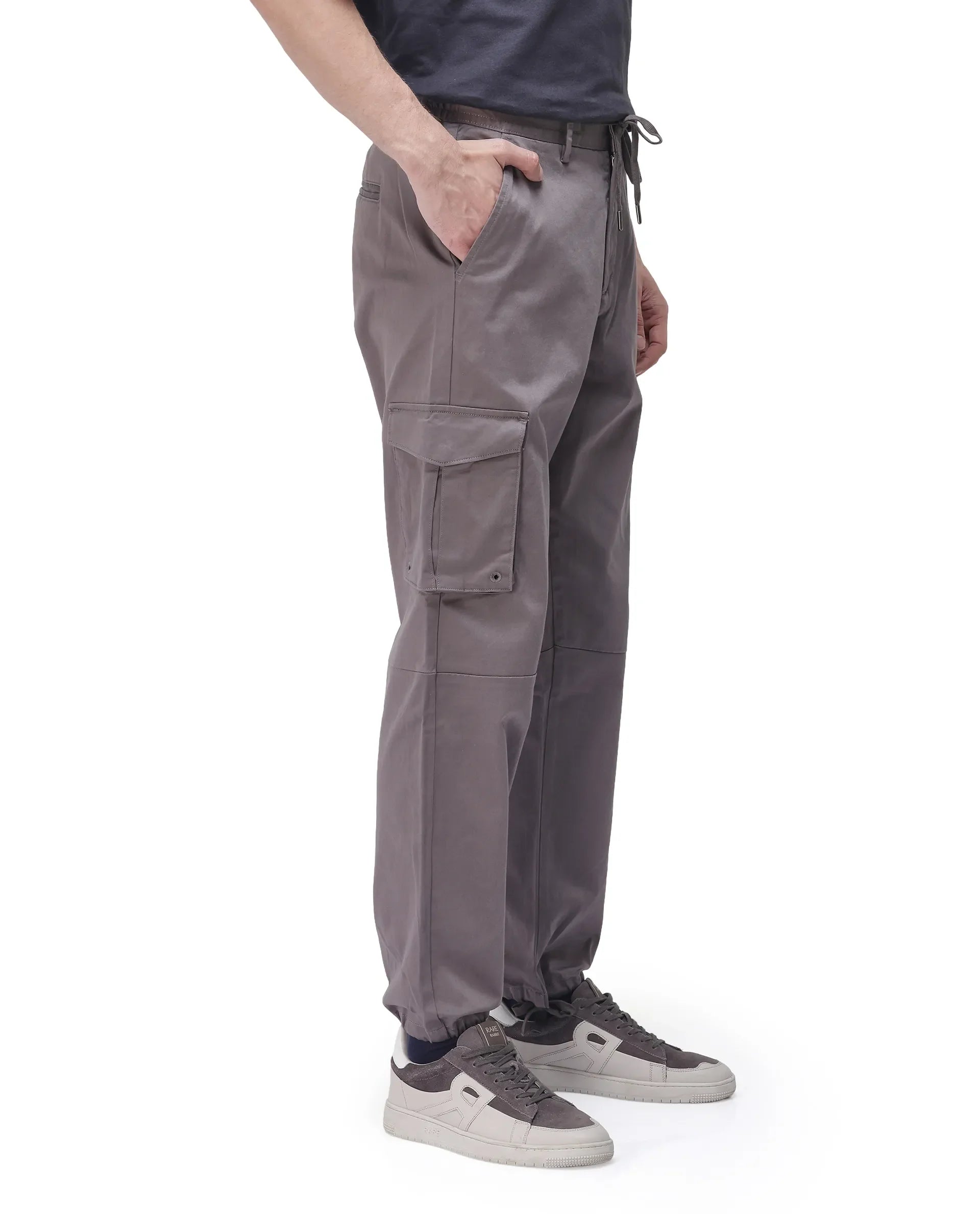 Rare Rabbit Men's Maks Dark Grey Drawstring Closure Mid-Rise Relaxed Fit Solid Trouser