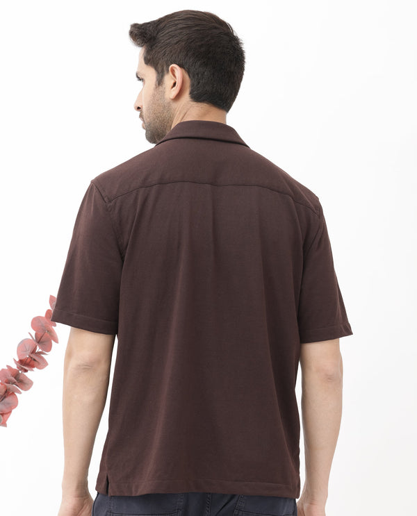 Rare Rabbit Men's Manga Dark Maroon Cotton Polyester Fabric Blend Cuban Collar Half Sleeves Boxy Fit Solid Knitted Shirt