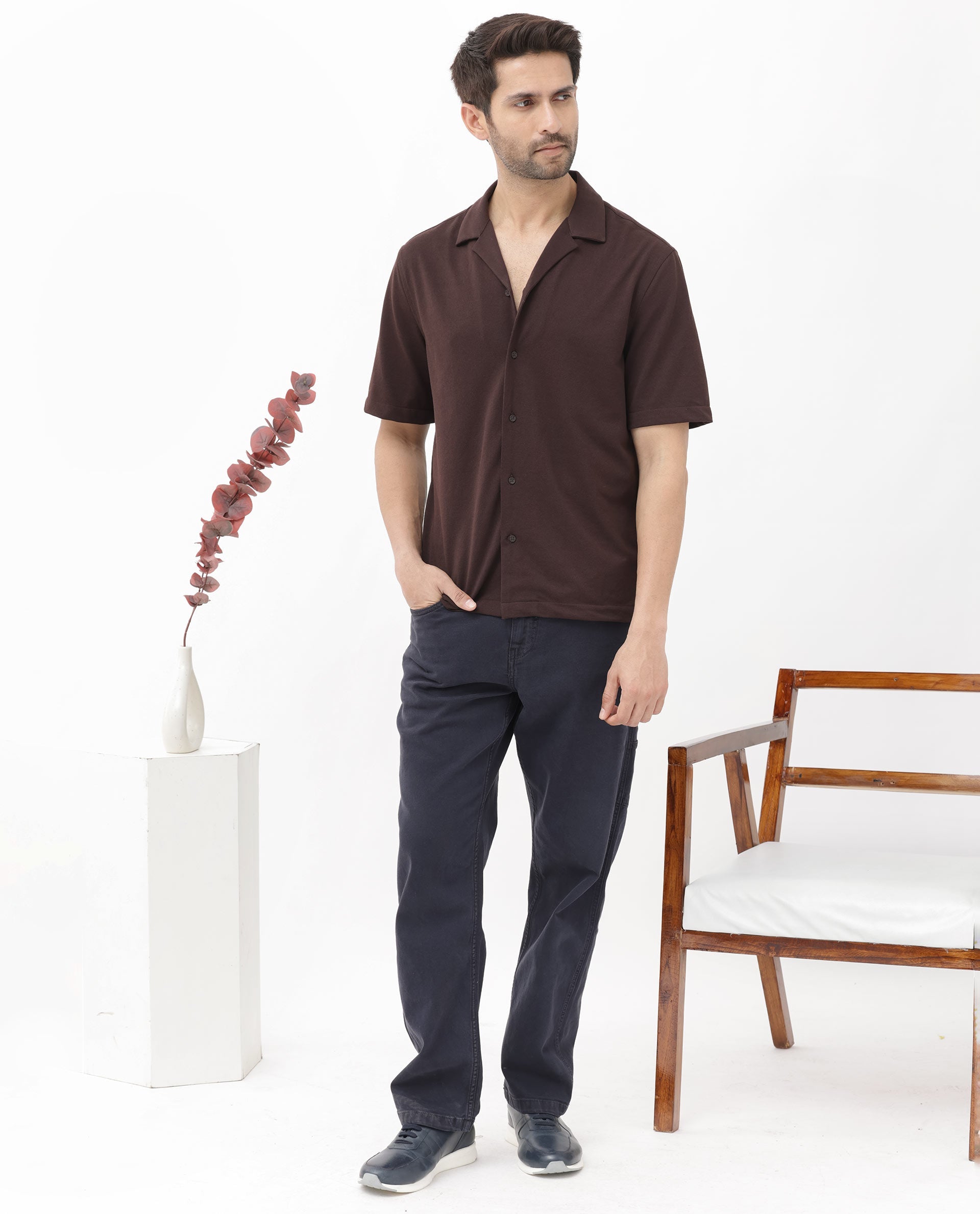 Rare Rabbit Men's Manga Dark Maroon Cotton Polyester Fabric Blend Cuban Collar Half Sleeves Boxy Fit Solid Knitted Shirt