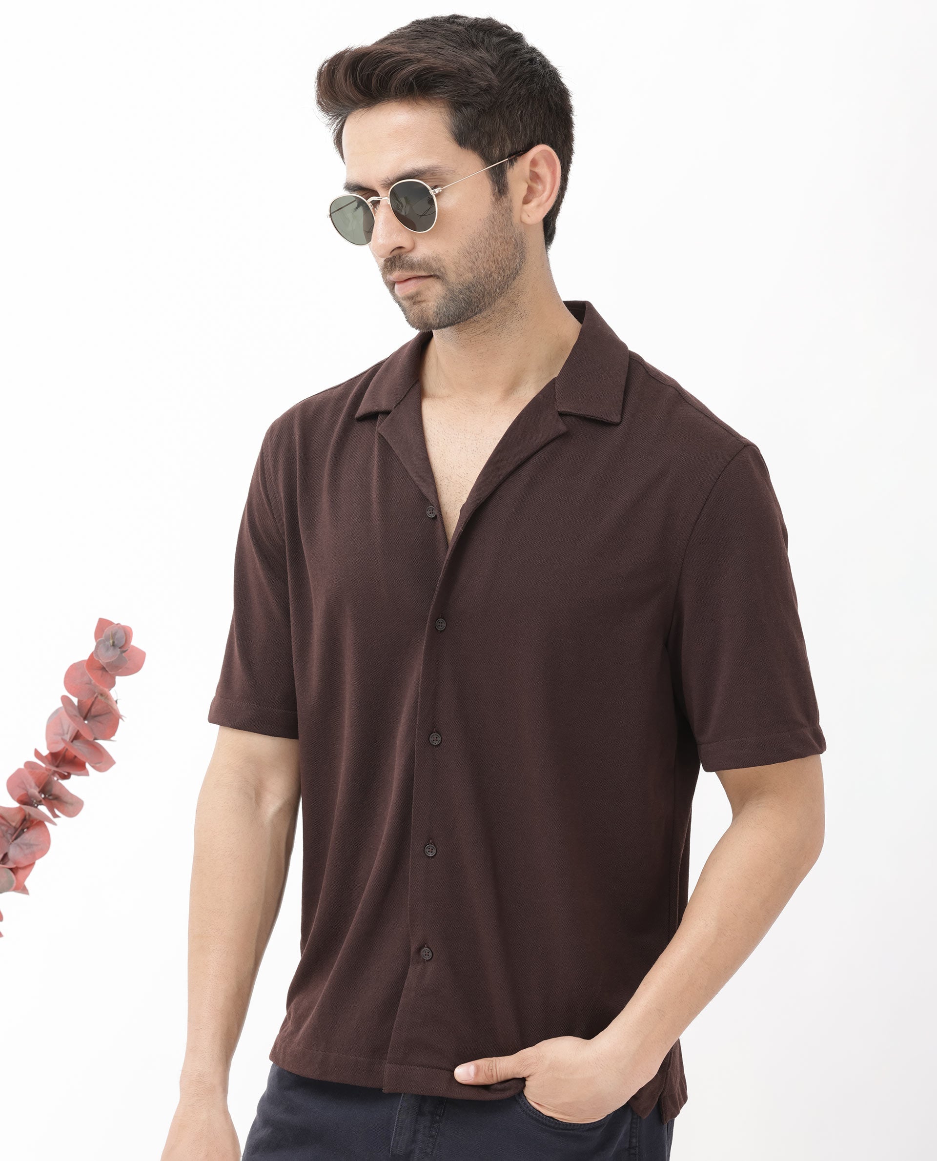 Rare Rabbit Men's Manga Dark Maroon Cotton Polyester Fabric Blend Cuban Collar Half Sleeves Boxy Fit Solid Knitted Shirt