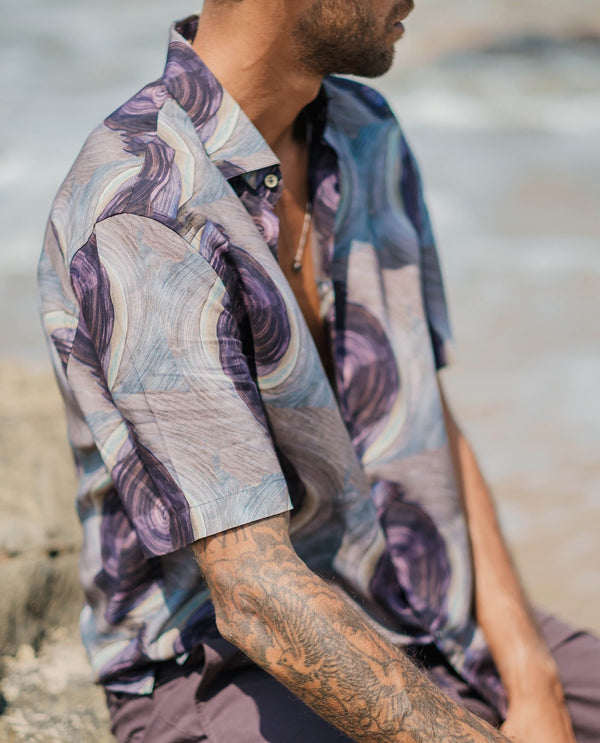 Rare Rabbit Men's Marock Dusky Olive Viscose Fabric Half Sleeves Boxy Fit Abstract Print Shirt