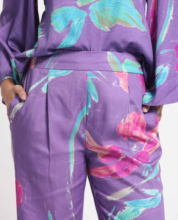 Rareism Women Martin Dark Blue Cotton Fabric Drawstring Closure Relaxed Fit Floral Print Ankle Length Trousers