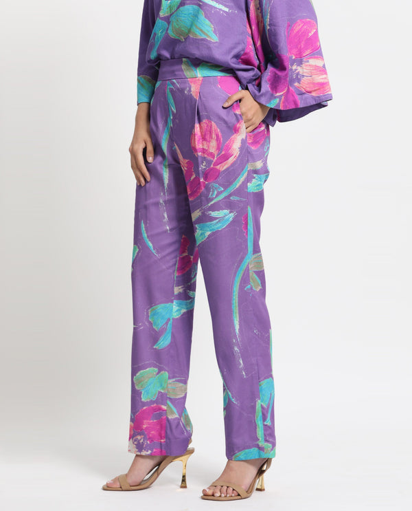 Rareism Women Martin Dark Blue Cotton Fabric Drawstring Closure Relaxed Fit Floral Print Ankle Length Trousers