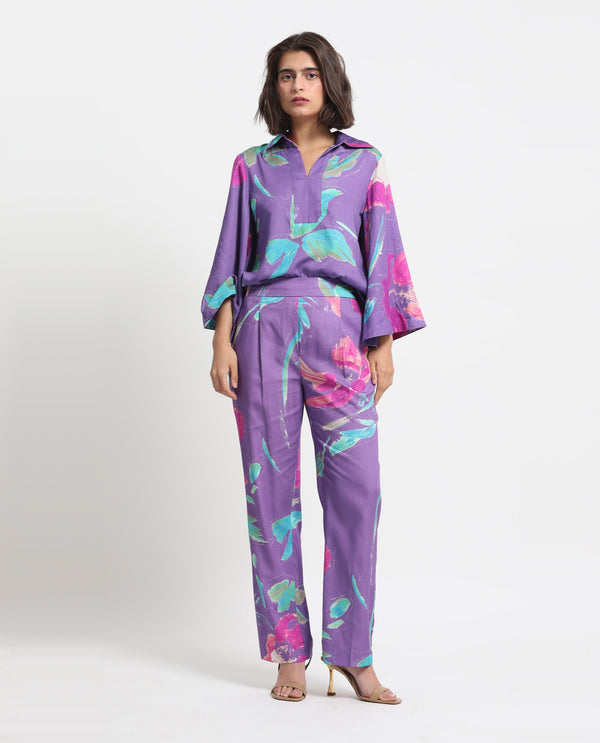 Rareism Women Martin Dark Blue Cotton Fabric Drawstring Closure Relaxed Fit Floral Print Ankle Length Trousers