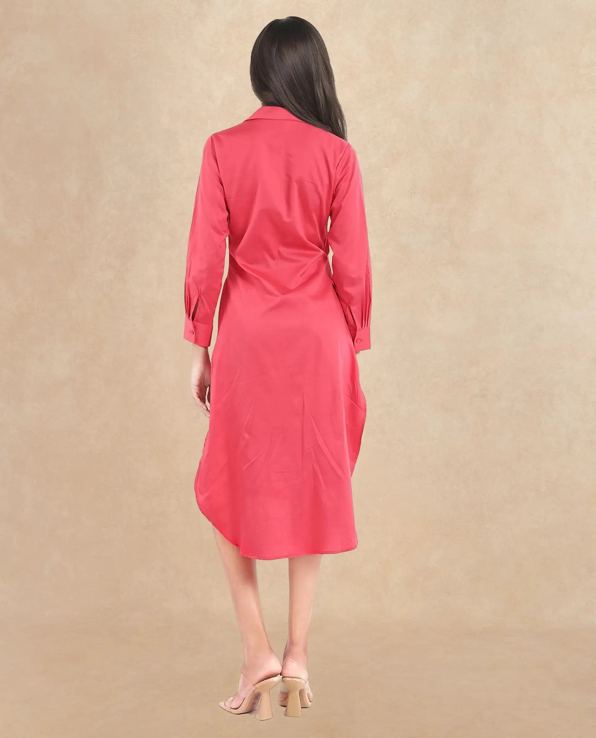 Rareism Women Marunara Red Cuffed Sleeve Jonny Collar Button Closure Relaxed Fit Midi Plain Dress