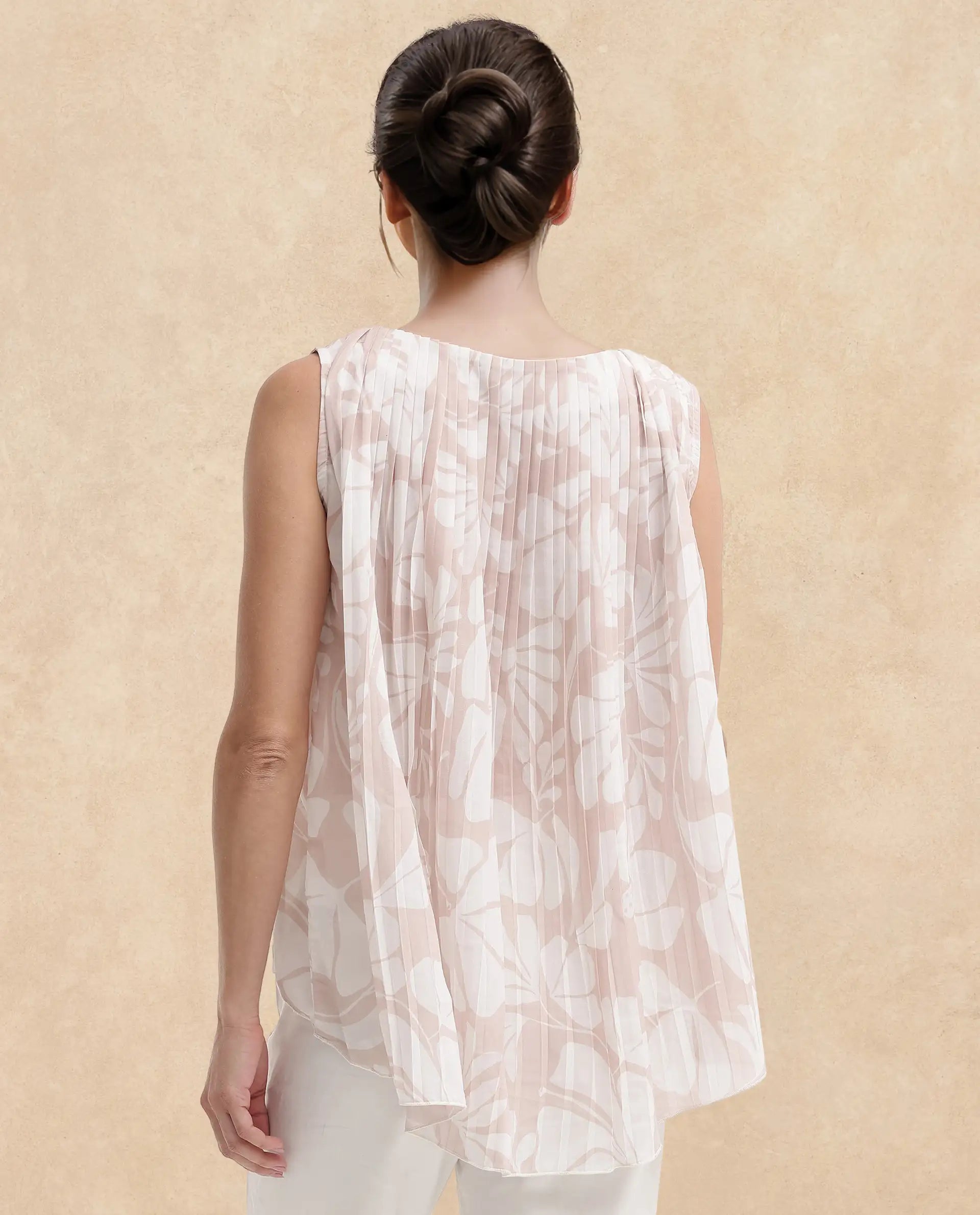 Rareism Women Matera SC Light Beige Sleeveless Crew Neck Relaxed Fit Abstract Print Top