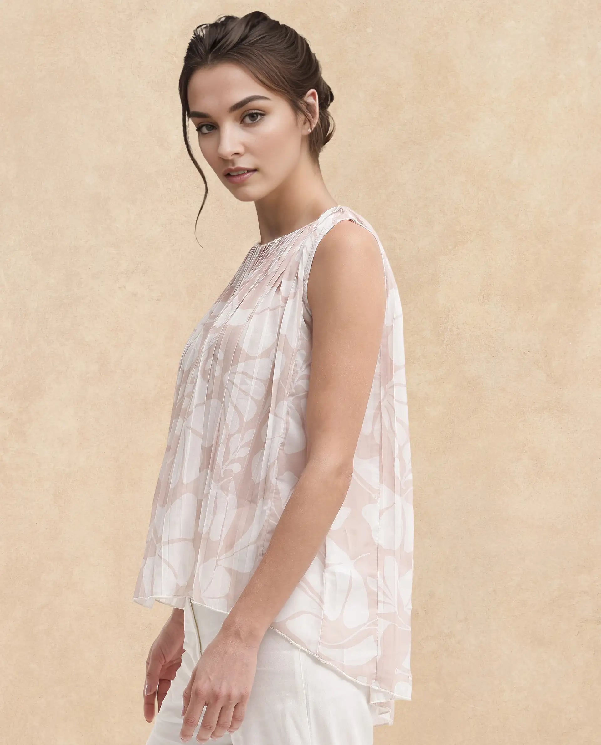 Rareism Women Matera SC Light Beige Sleeveless Crew Neck Relaxed Fit Abstract Print Top