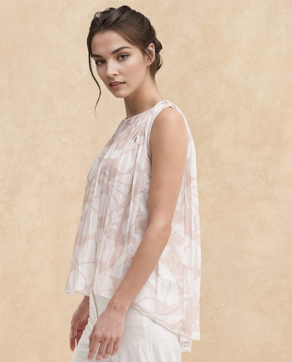 Rareism Women Matera SC Light Beige Sleeveless Crew Neck Relaxed Fit Abstract Print Top