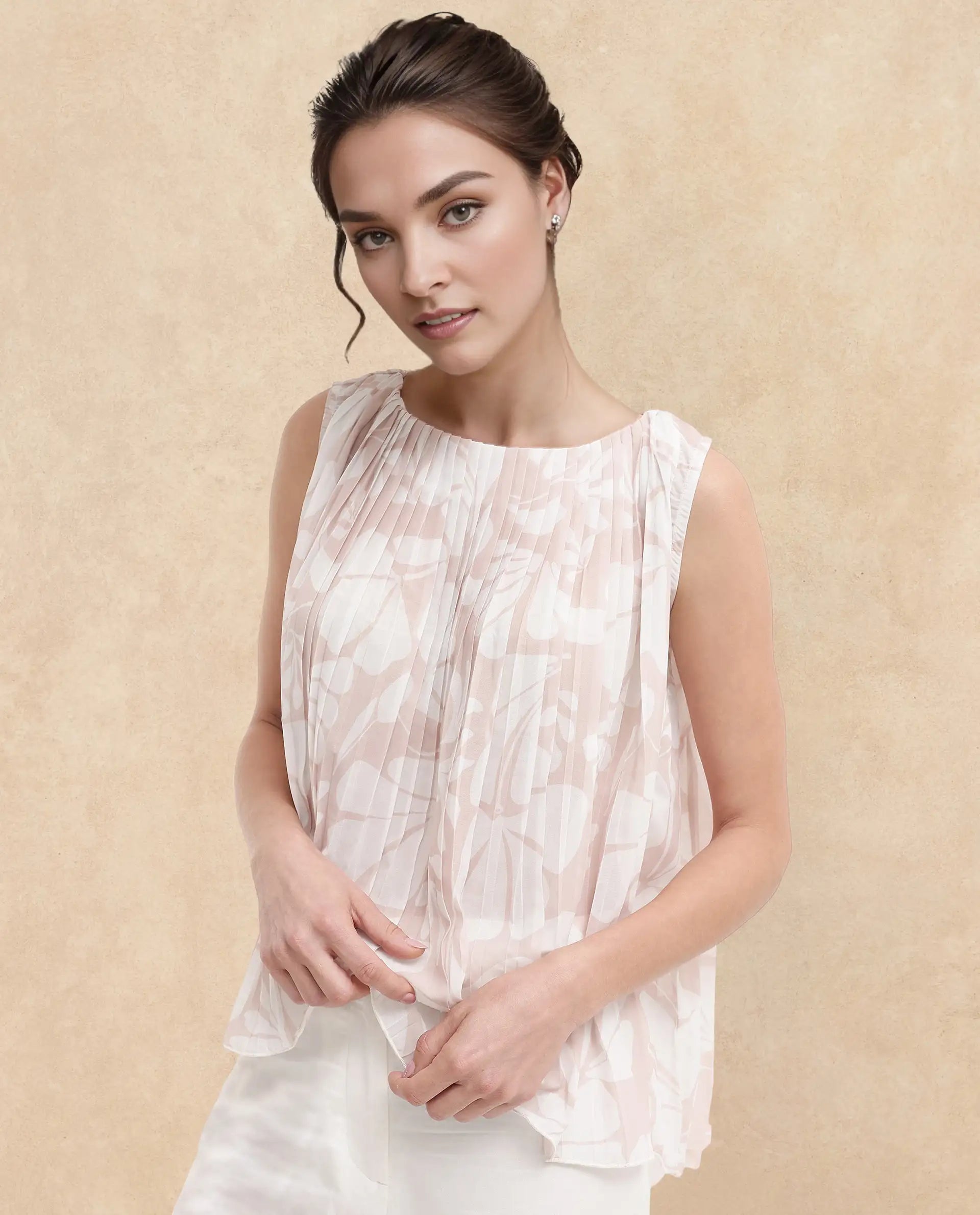 Rareism Women Matera SC Light Beige Sleeveless Crew Neck Relaxed Fit Abstract Print Top