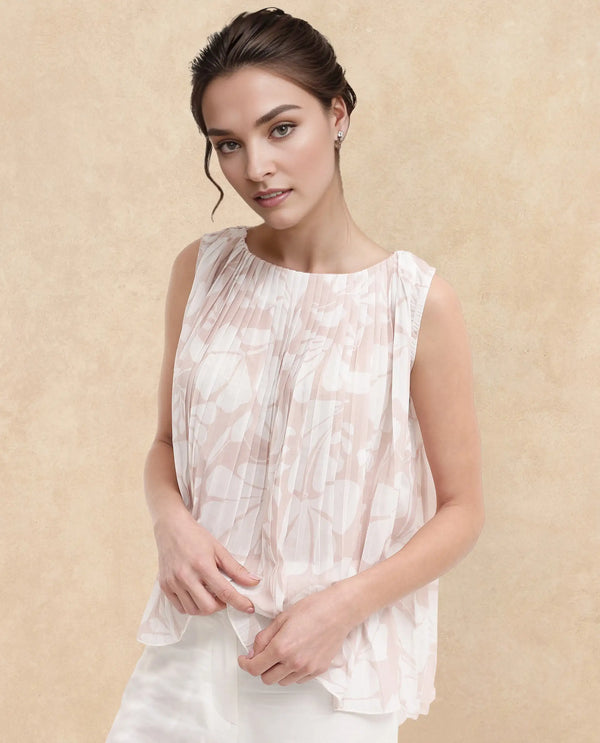 Rareism Women Matera SC Light Beige Sleeveless Crew Neck Relaxed Fit Abstract Print Top