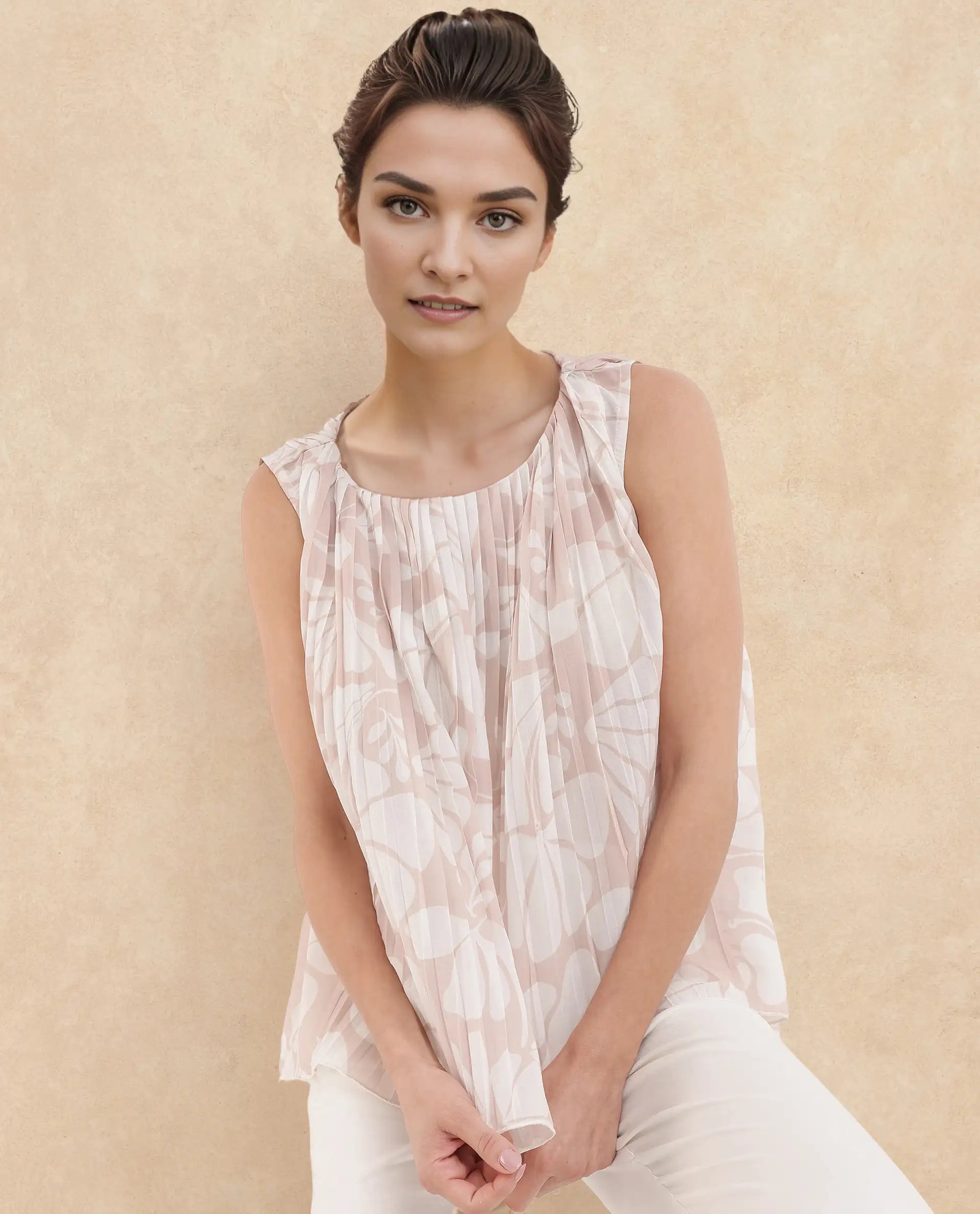 Rareism Women Matera SC Light Beige Sleeveless Crew Neck Relaxed Fit Abstract Print Top