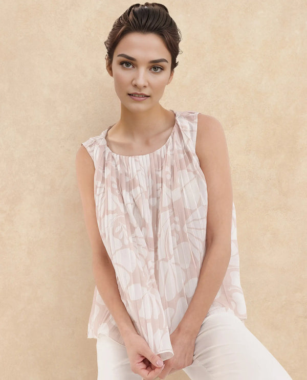 Rareism Women Matera SC Light Beige Sleeveless Crew Neck Relaxed Fit Abstract Print Top