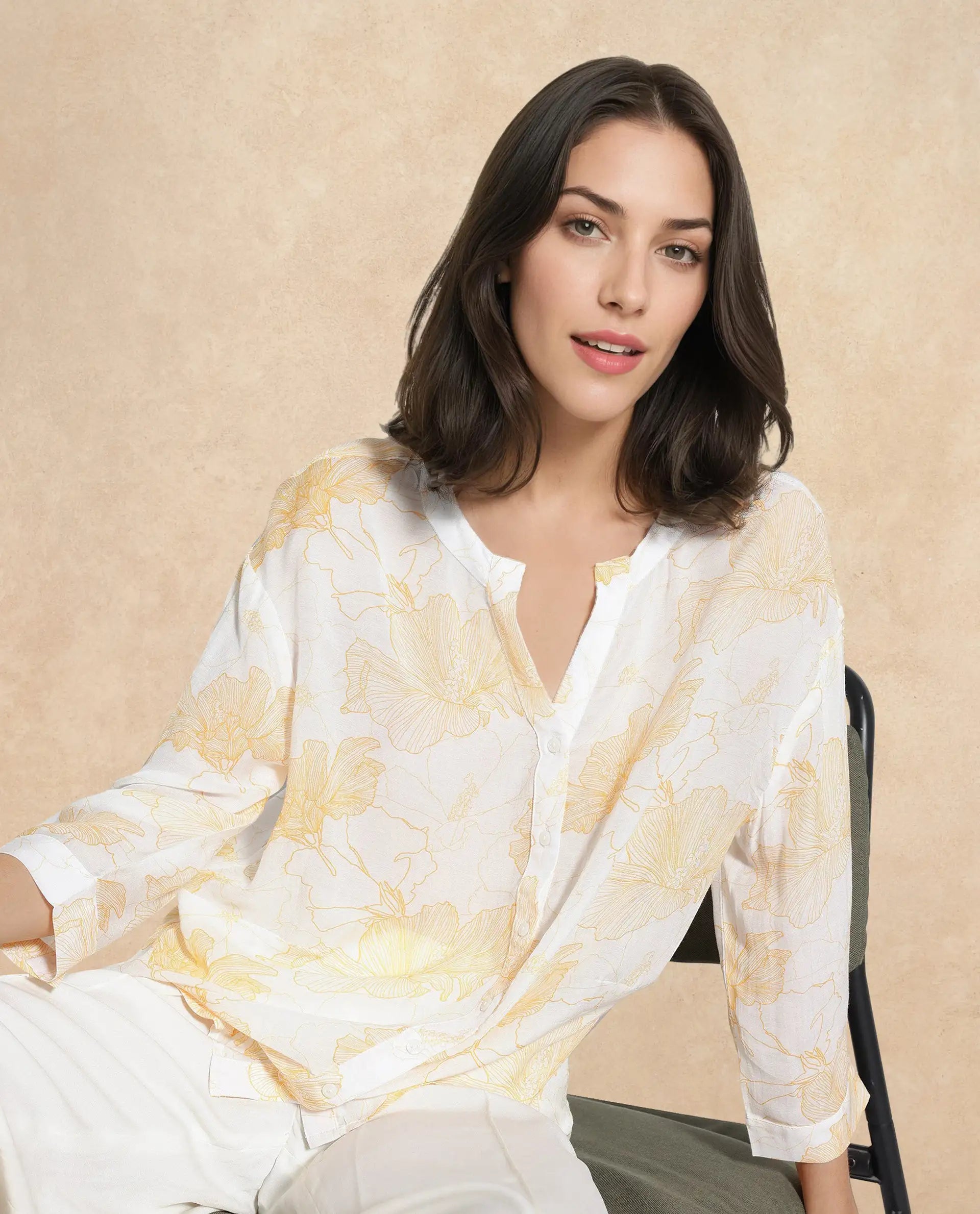 Rareism Women Mayton Light Yellow Button Closure Cuffed Sleeve Mandarin Collar Relaxed Fit Floral Print Shirt