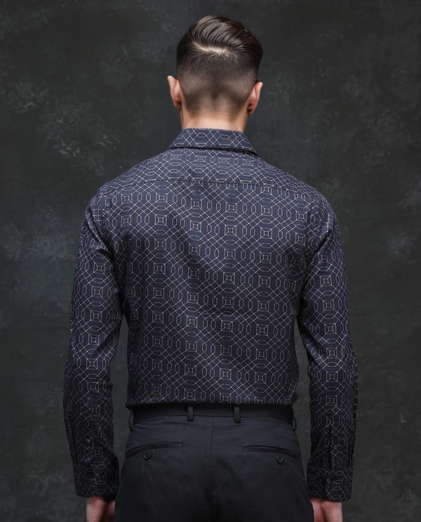 Rare Rabbit Men Mebo Black Cotton Viscose Fabric Full Sleeve Geometric Print Regular Fit Premium Party Shirt