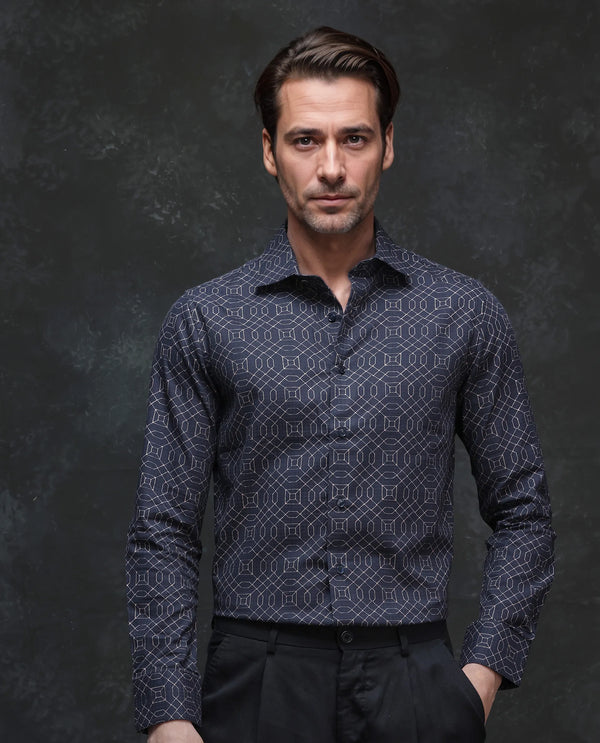 Rare Rabbit Men Mebo Black Cotton Viscose Fabric Full Sleeve Geometric Print Regular Fit Premium Party Shirt