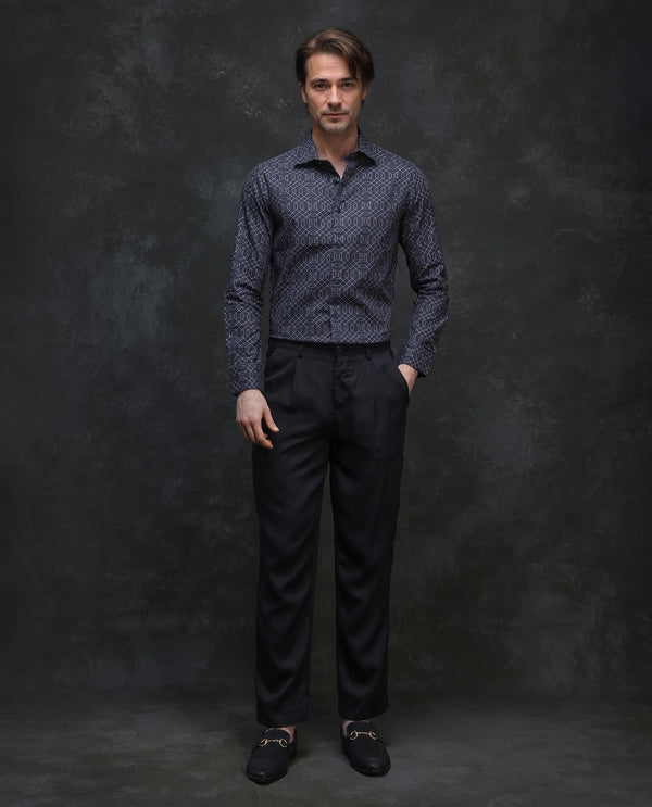 Rare Rabbit Men Mebo Black Cotton Viscose Fabric Full Sleeve Geometric Print Regular Fit Premium Party Shirt