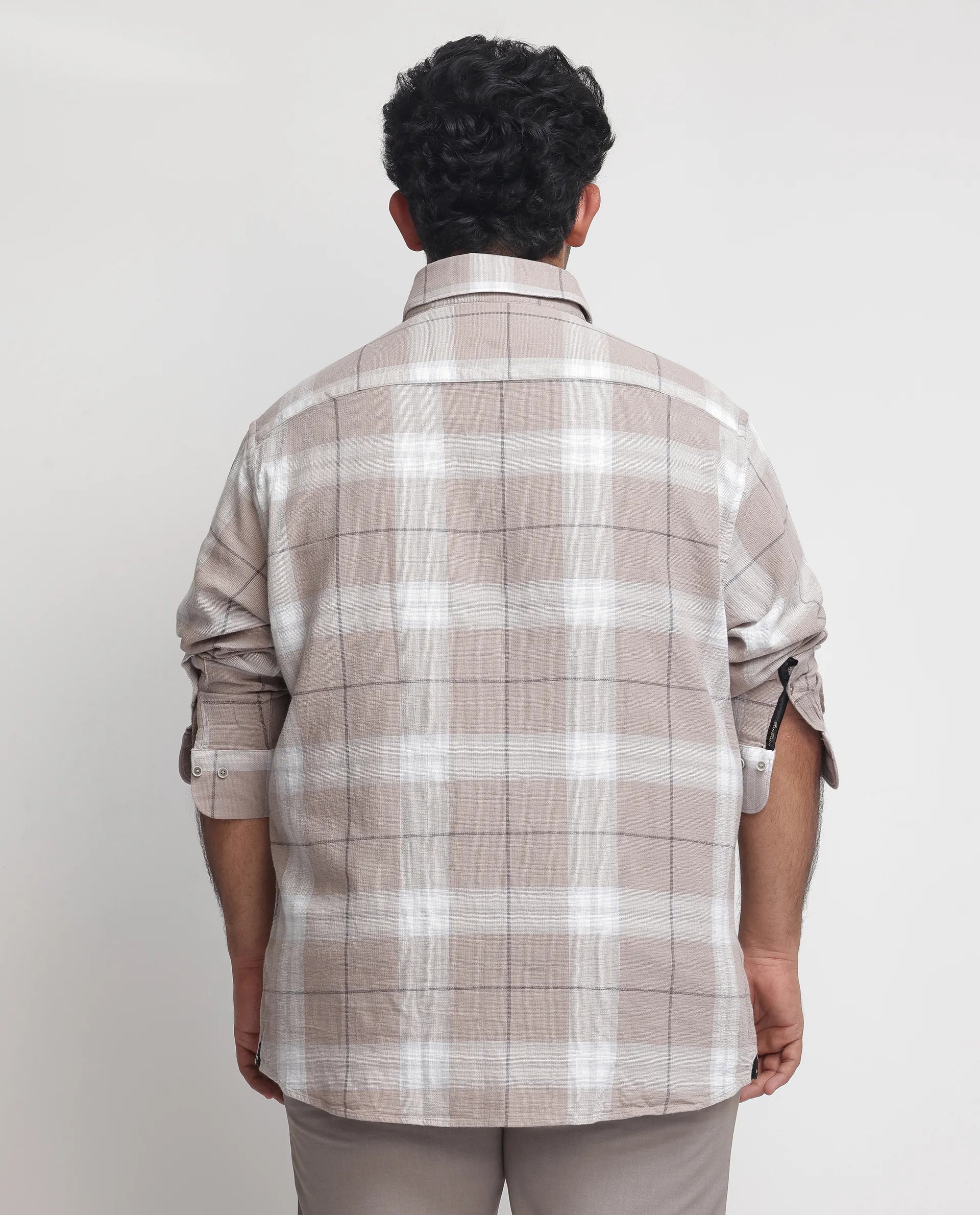 Rare Rabbit Men's Melfi Light Brown Cotton Fabric Full Sleeves Checks Shirt Plus Size