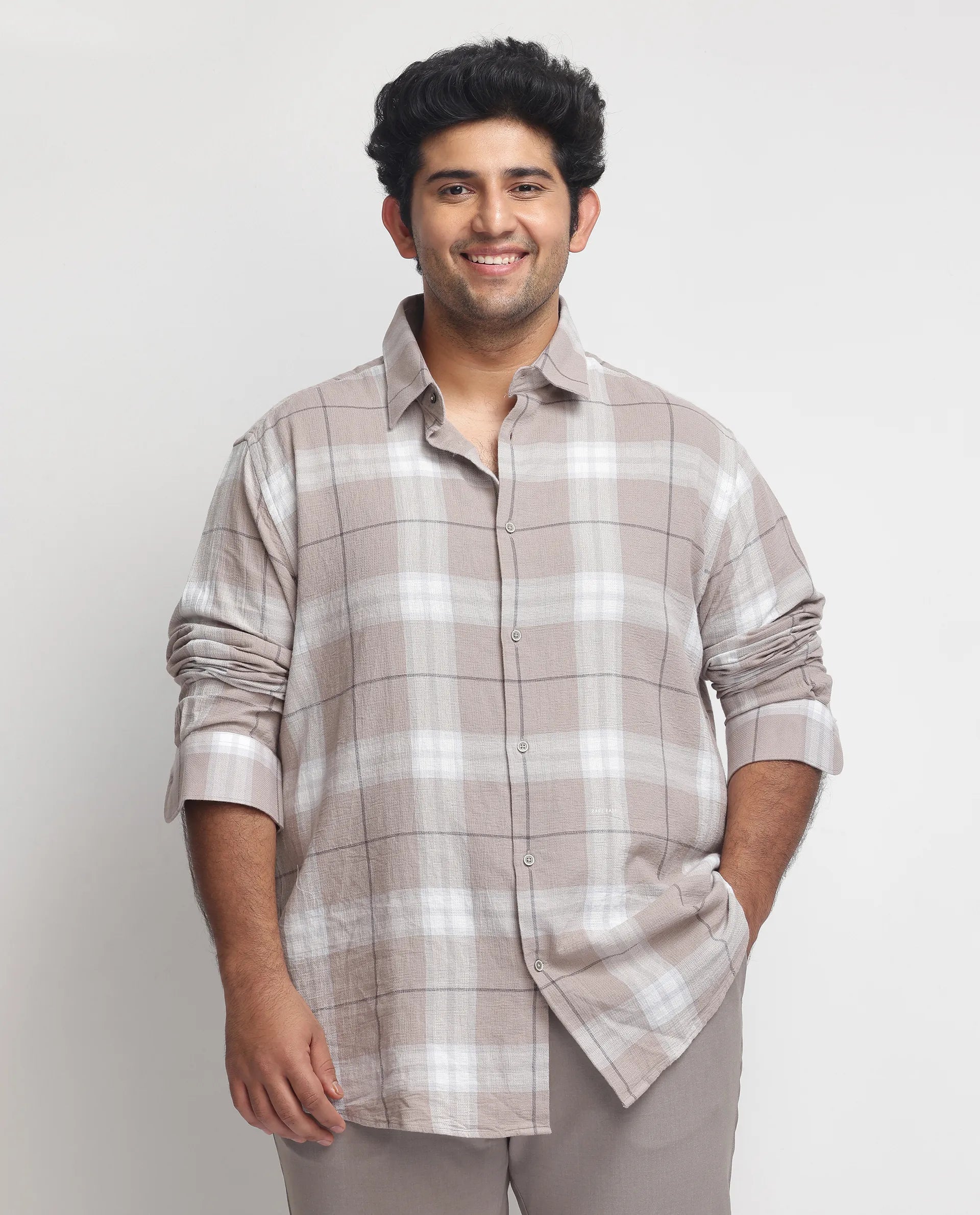 Rare Rabbit Men's Melfi Light Brown Cotton Fabric Full Sleeves Checks Shirt Plus Size