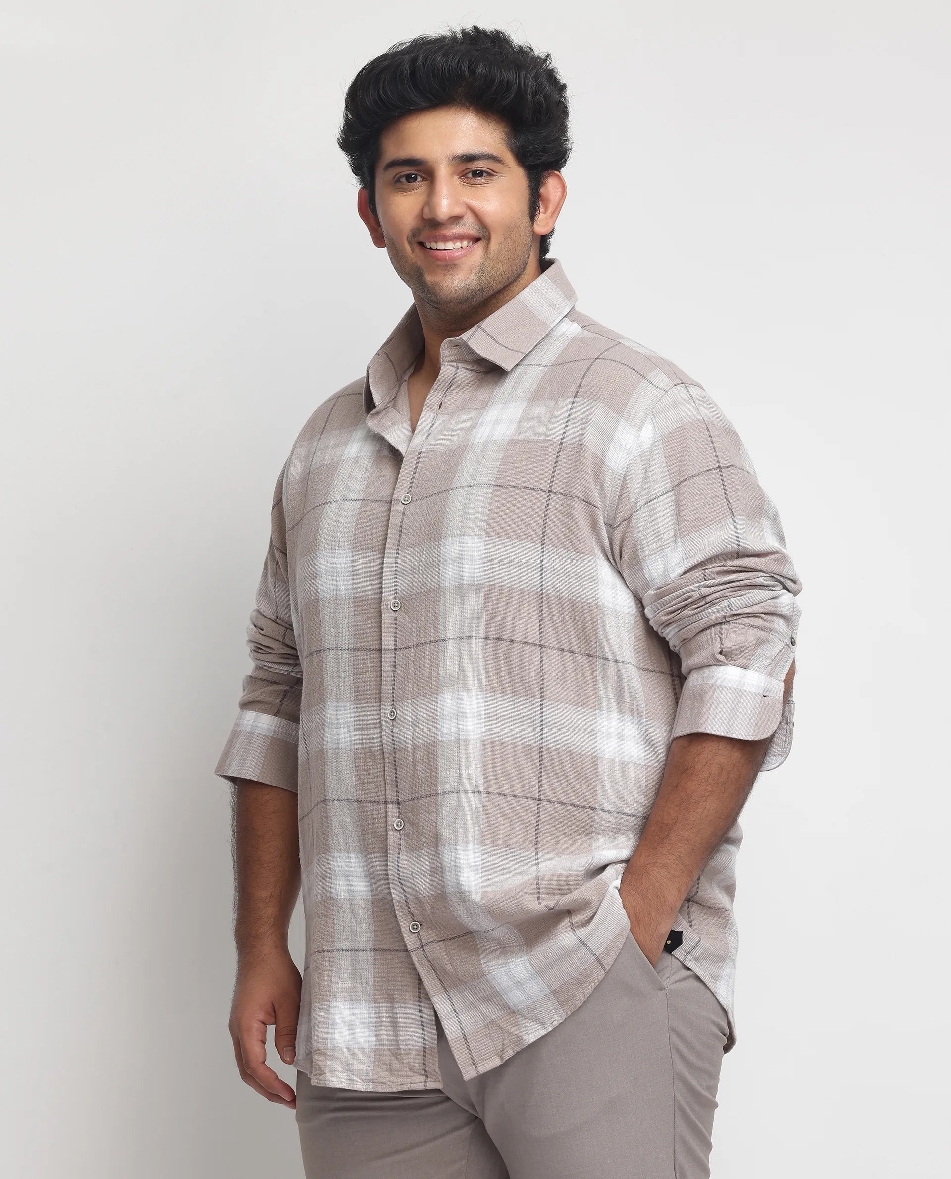 Rare Rabbit Men's Melfi Light Brown Cotton Fabric Full Sleeves Checks Shirt Plus Size