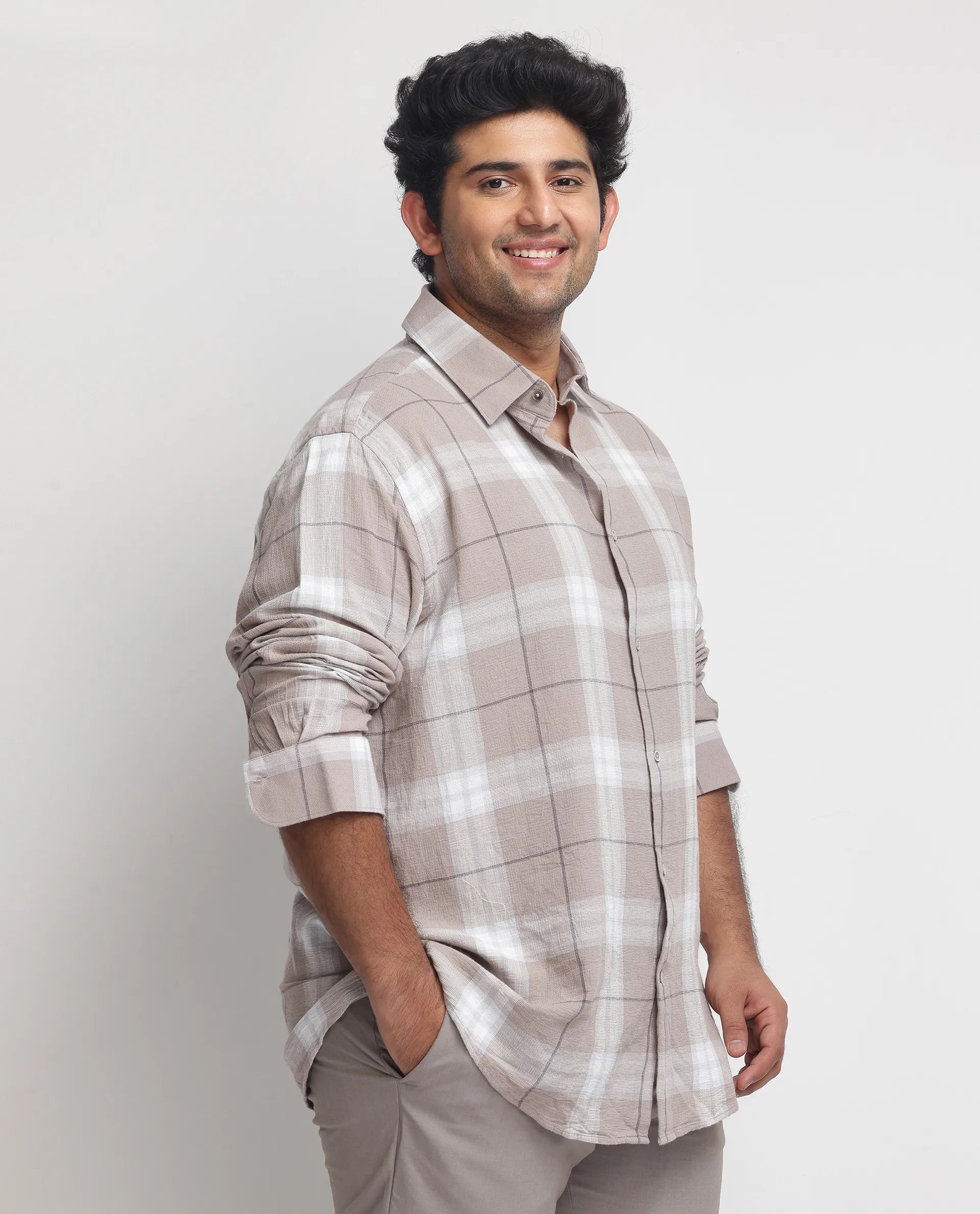 Rare Rabbit Men's Melfi Light Brown Cotton Fabric Full Sleeves Checks Shirt Plus Size