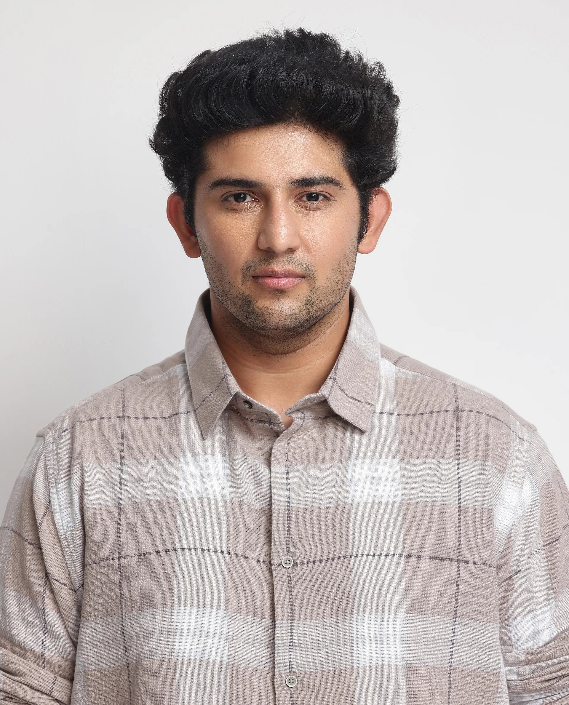 Rare Rabbit Men's Melfi Light Brown Cotton Fabric Full Sleeves Checks Shirt Plus Size