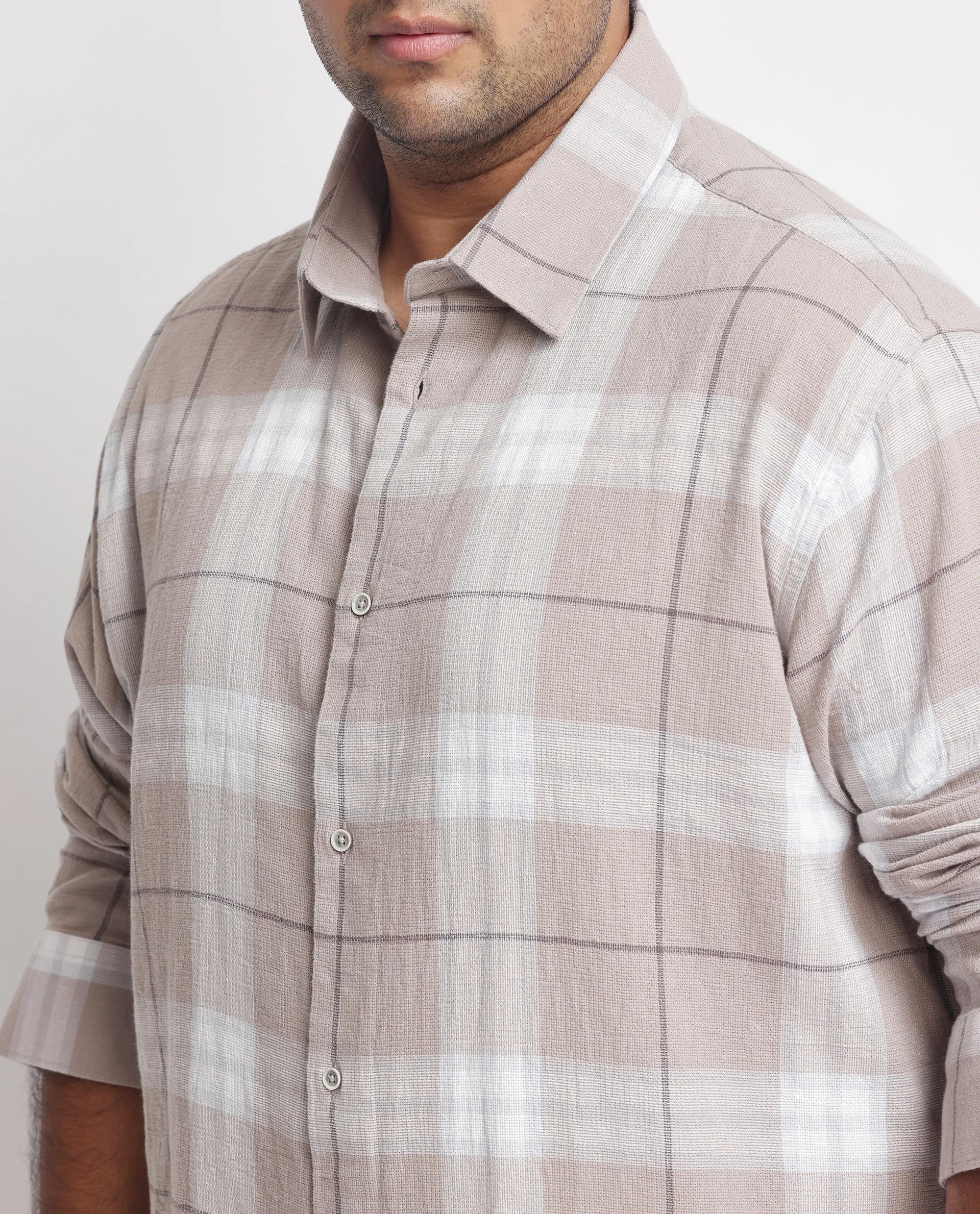 Rare Rabbit Men's Melfi Light Brown Cotton Fabric Full Sleeves Checks Shirt Plus Size