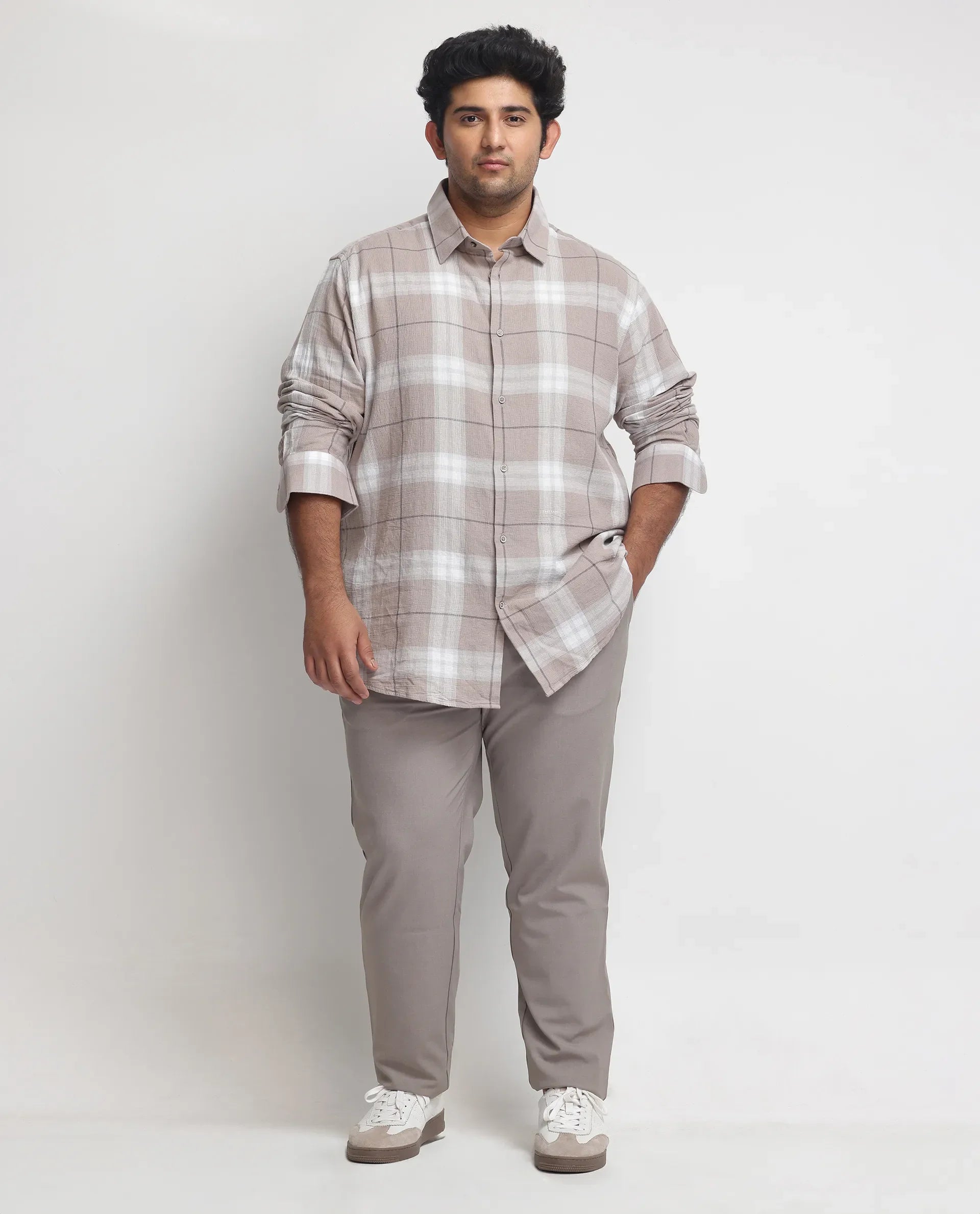 Rare Rabbit Men's Melfi Light Brown Cotton Fabric Full Sleeves Checks Shirt Plus Size