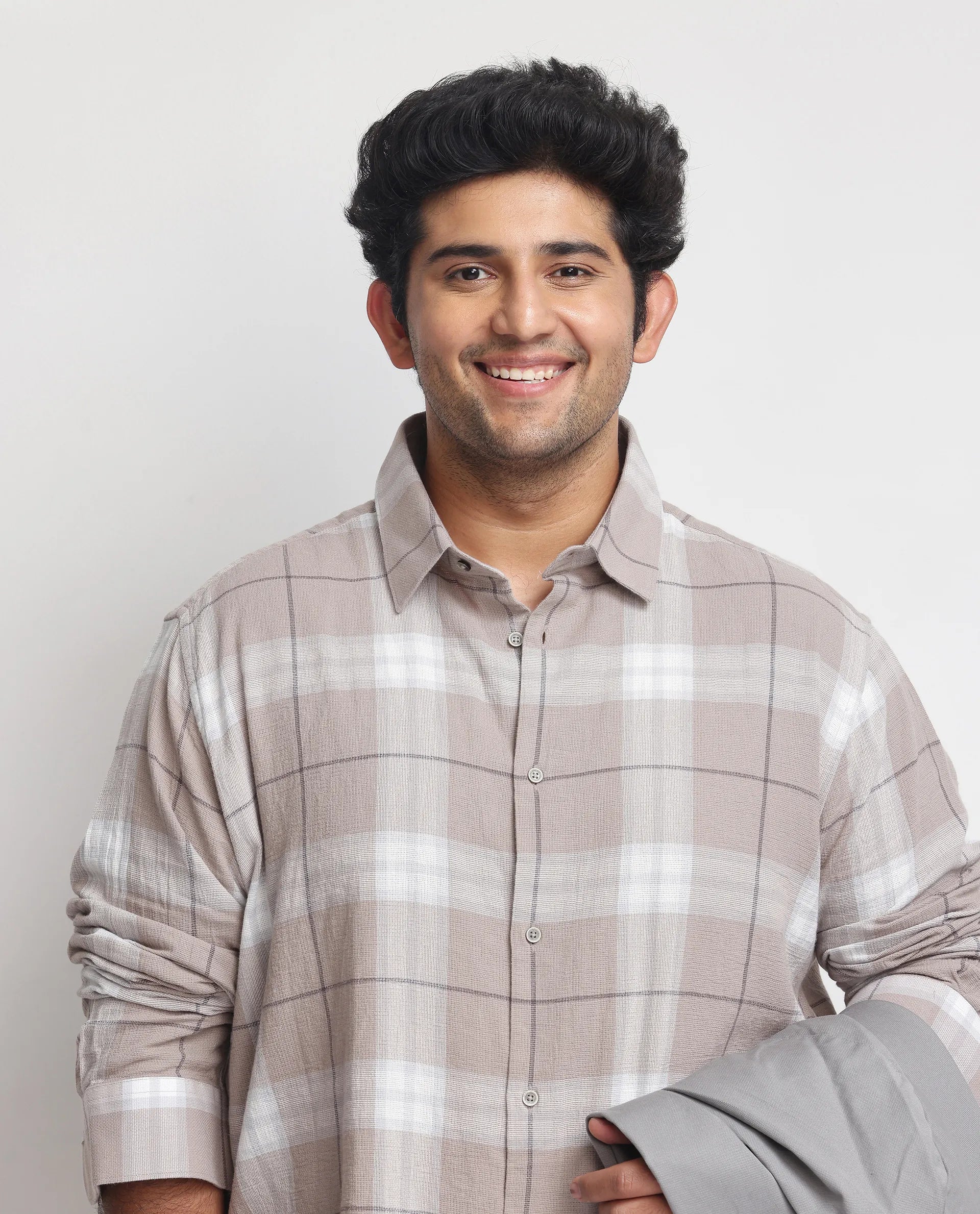 Rare Rabbit Men's Melfi Light Brown Cotton Fabric Full Sleeves Checks Shirt Plus Size