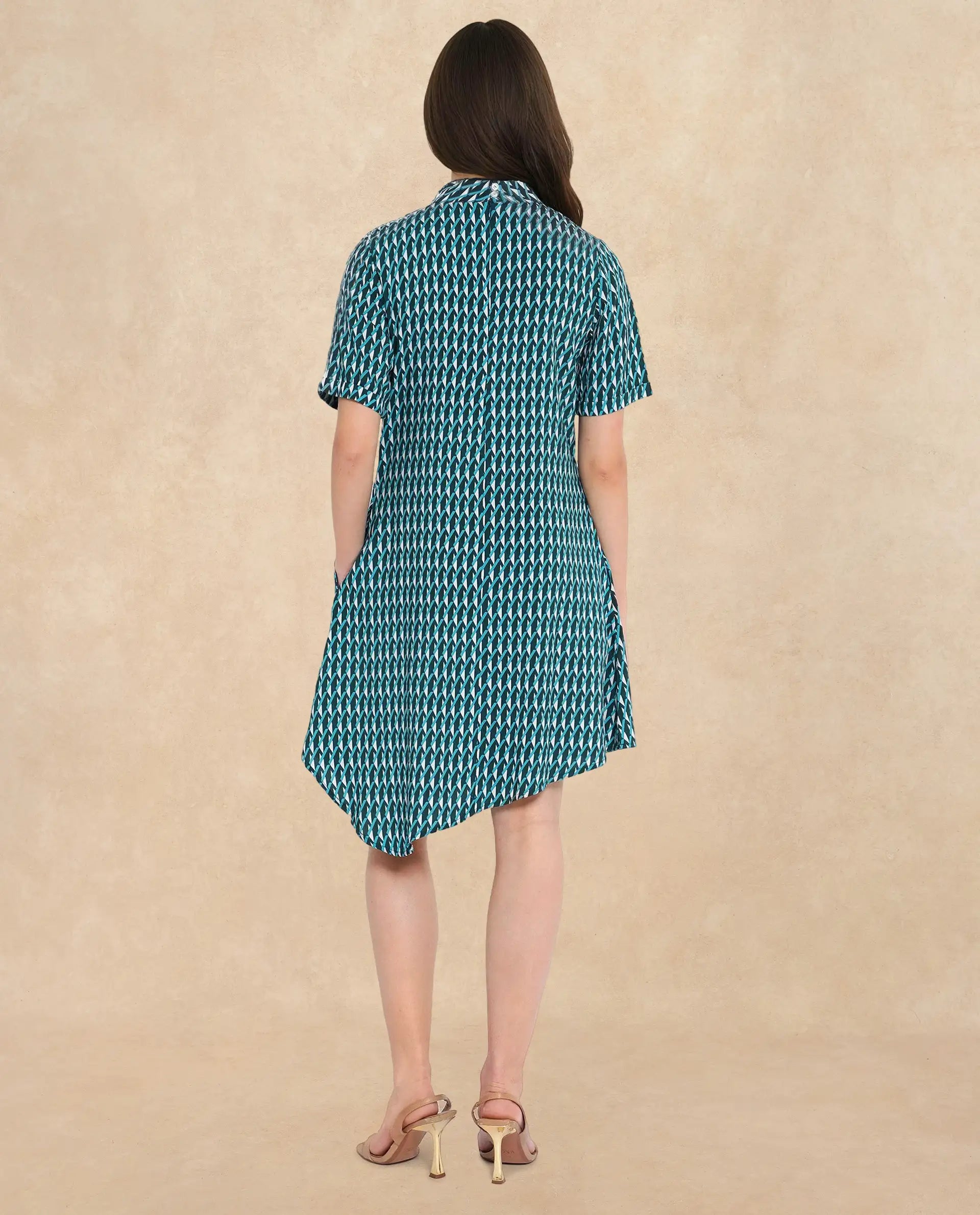 Rareism Women Mello Blue Button Closure Short Sleeve High Neck Geometric Print Knee Length Dress