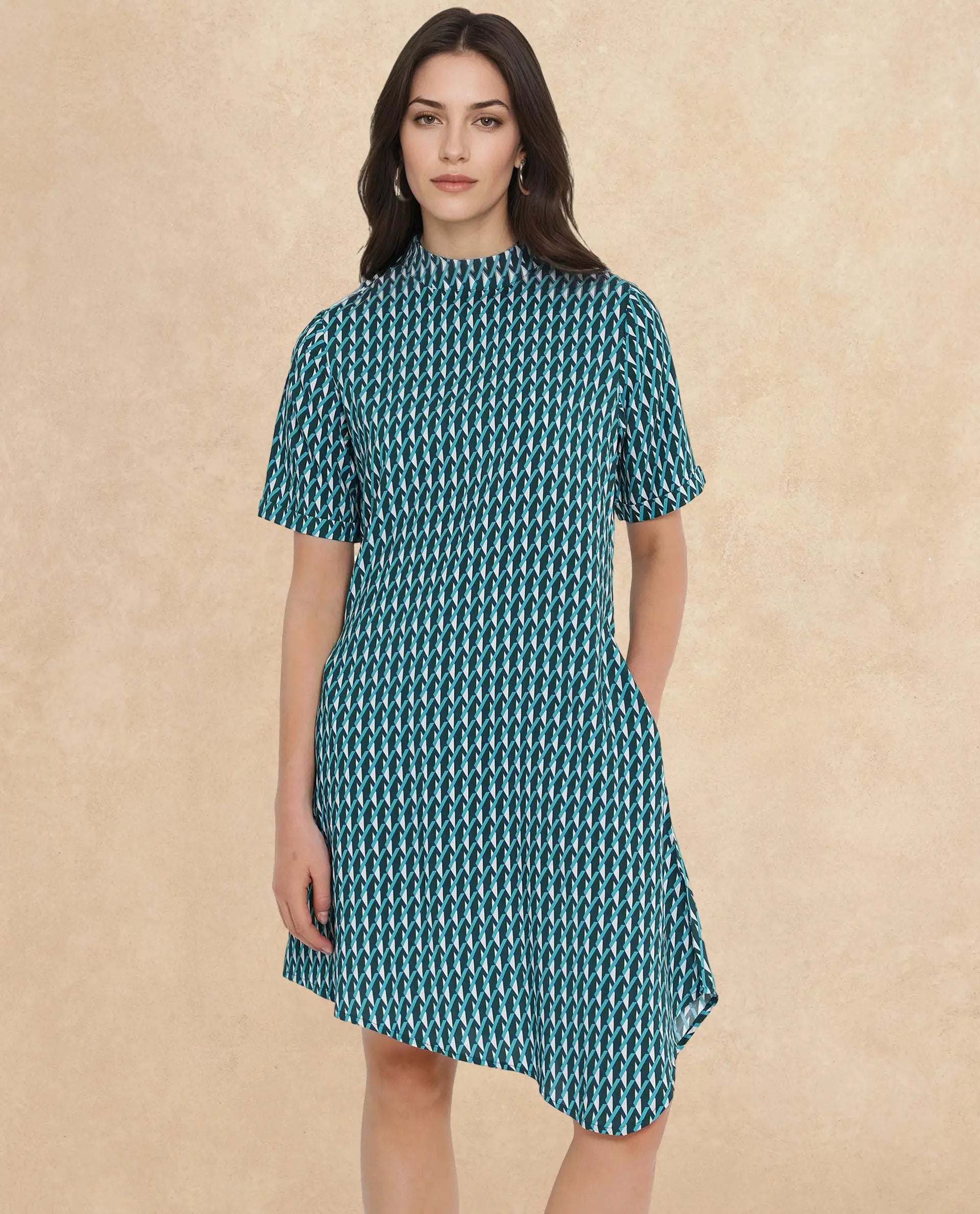 Rareism Women Mello Blue Button Closure Short Sleeve High Neck Geometric Print Knee Length Dress