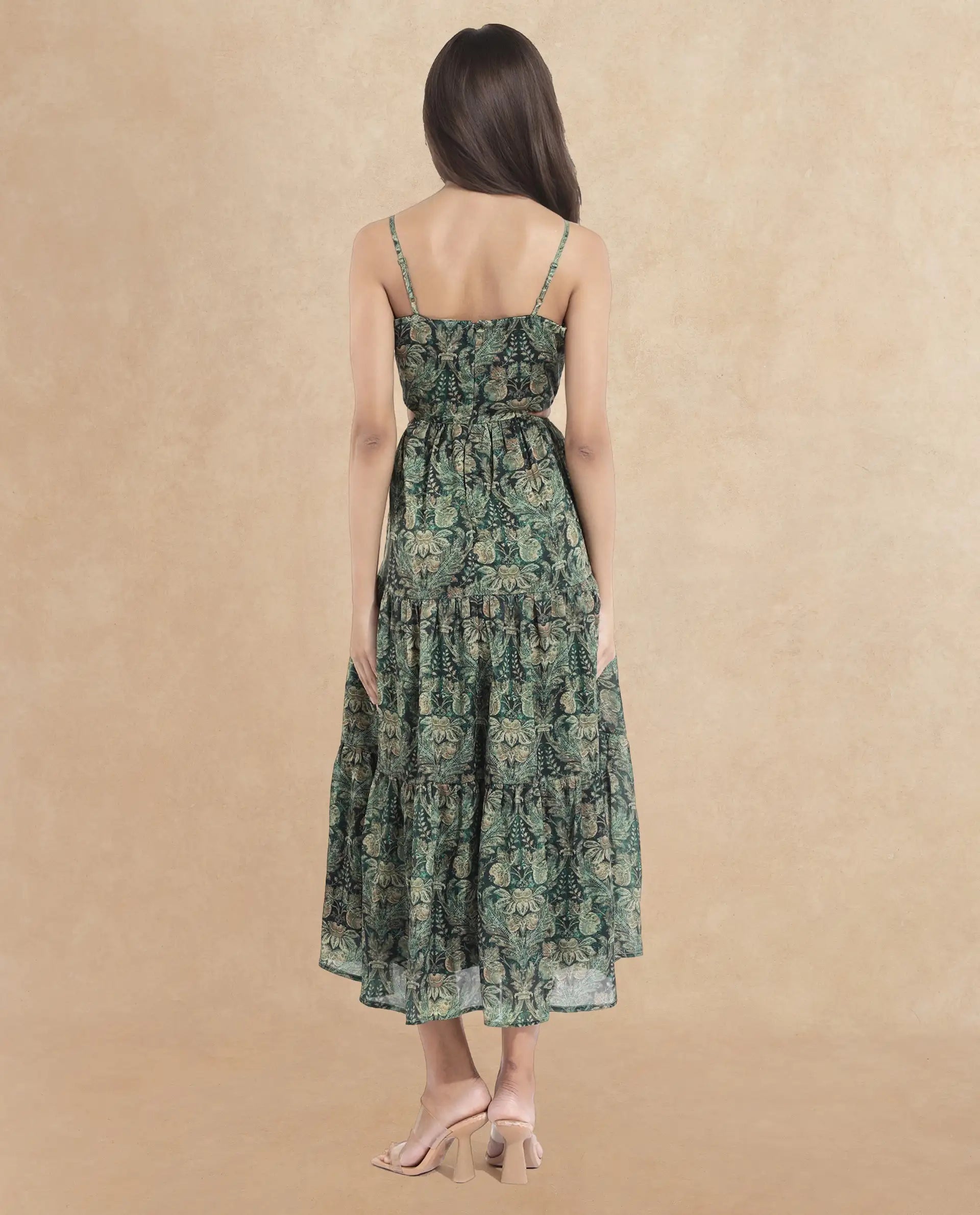 Rareism Women Melvin Dark Green Shoulder Straps Shoulder Straps  Fit And Flare Maxi Floral Print Dress