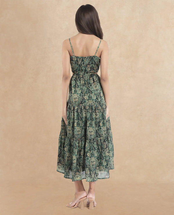 Rareism Women Melvin Dark Green Shoulder Straps Shoulder Straps  Fit And Flare Maxi Floral Print Dress