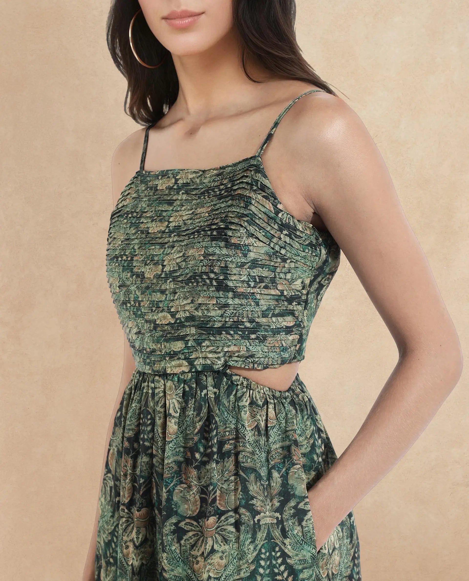 Rareism Women Melvin Dark Green Shoulder Straps Shoulder Straps  Fit And Flare Maxi Floral Print Dress