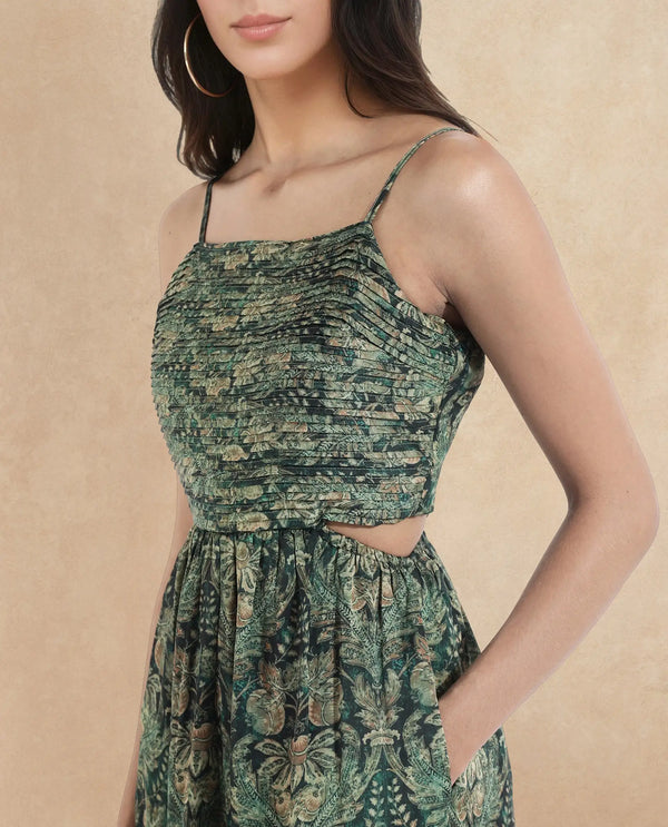 Rareism Women Melvin Dark Green Shoulder Straps Shoulder Straps  Fit And Flare Maxi Floral Print Dress