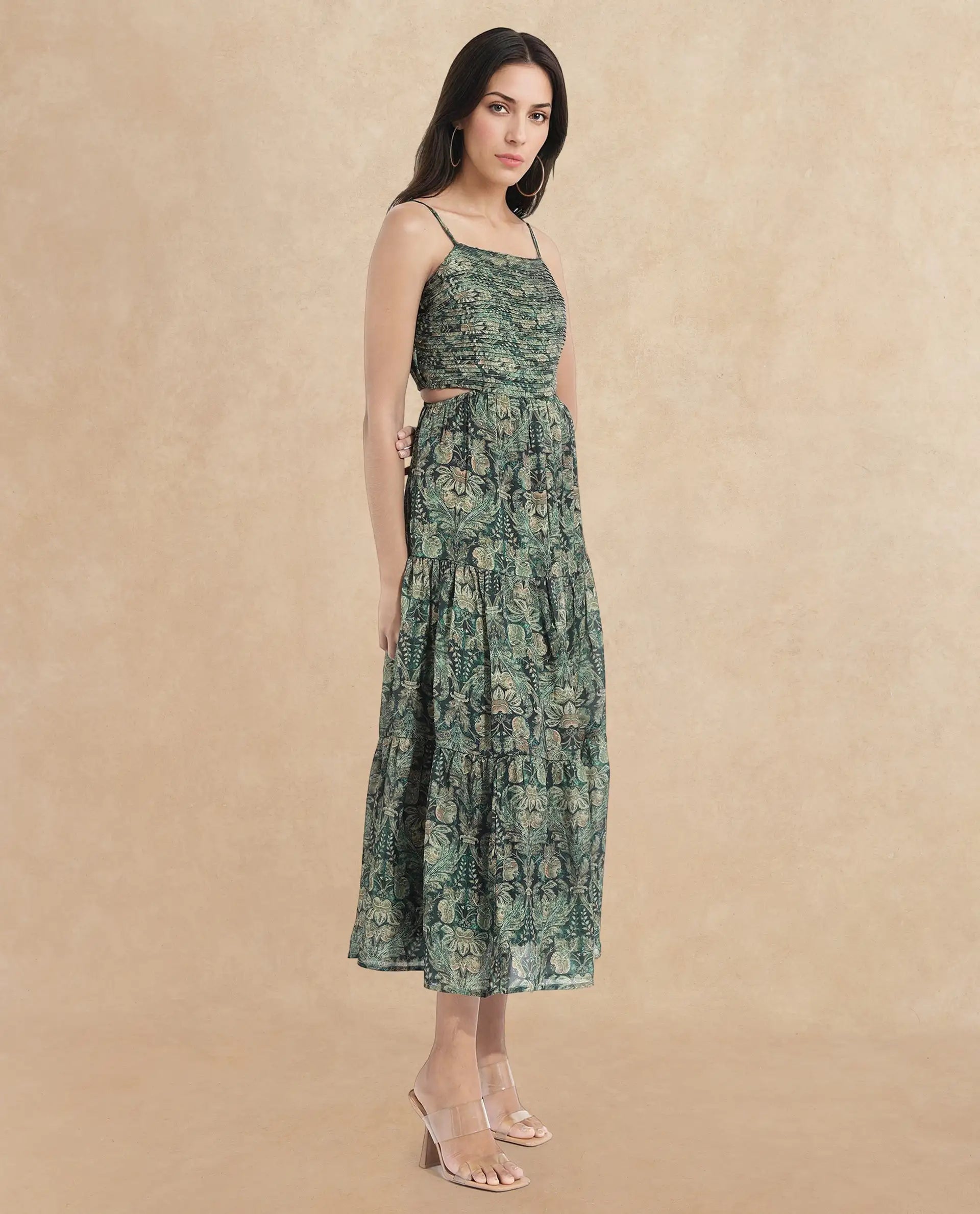 Rareism Women Melvin Dark Green Shoulder Straps Shoulder Straps  Fit And Flare Maxi Floral Print Dress