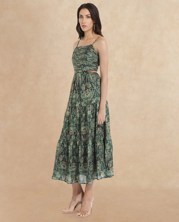Rareism Women Melvin Dark Green Shoulder Straps Shoulder Straps  Fit And Flare Maxi Floral Print Dress