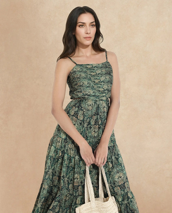 Rareism Women Melvin Dark Green Shoulder Straps Shoulder Straps  Fit And Flare Maxi Floral Print Dress