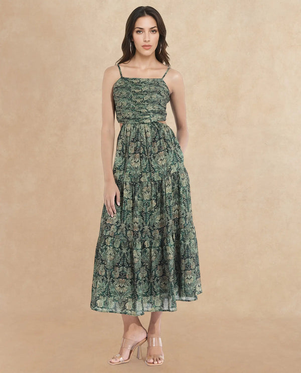 Rareism Women Melvin Dark Green Shoulder Straps Shoulder Straps  Fit And Flare Maxi Floral Print Dress
