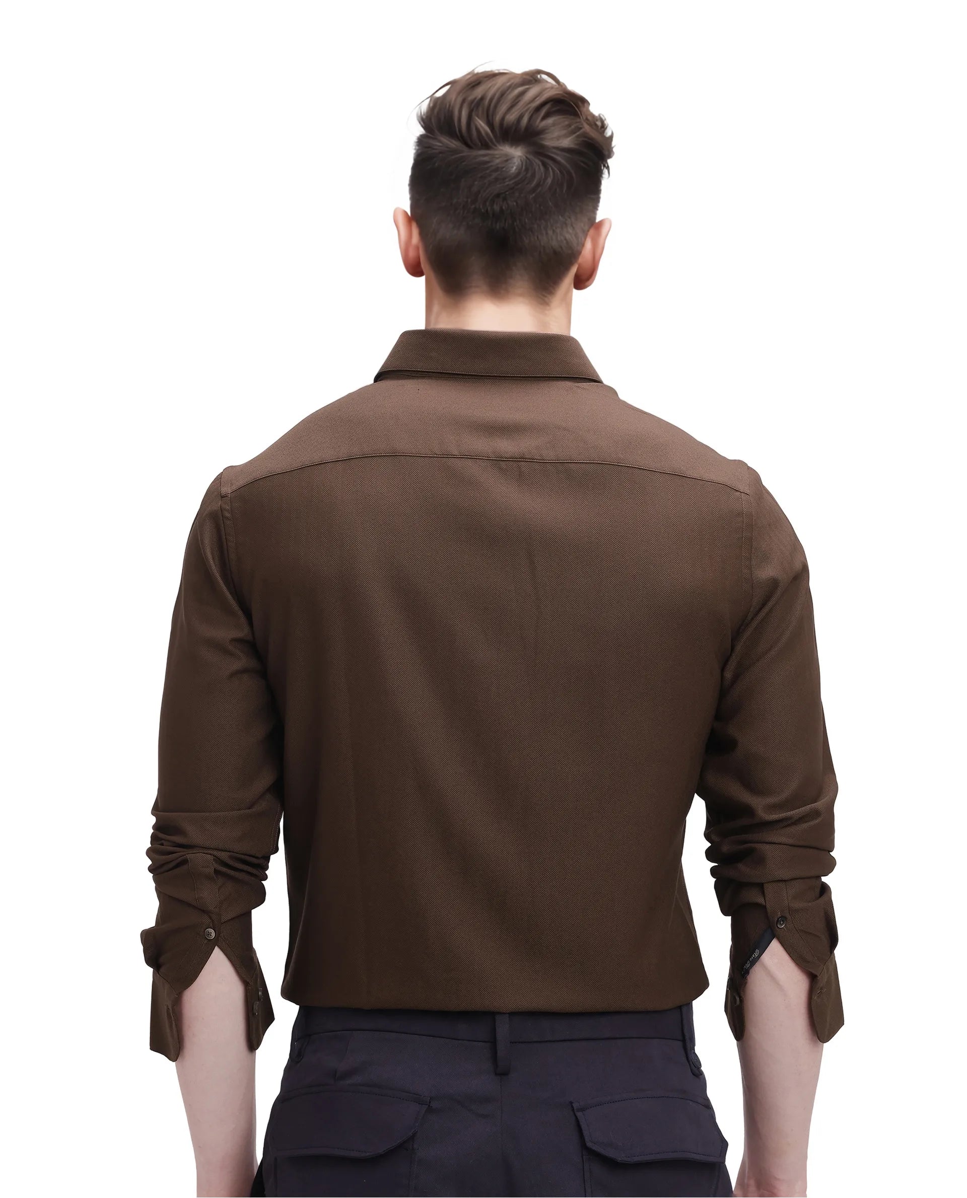 Rare Rabbit Men Mer Dark Olive Viscose Polyester Lycra Fabric Full Sleeve Button Closure Regular Fit Herringbone Textured Shirt