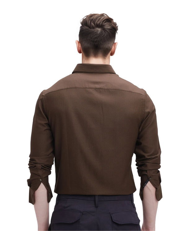 Rare Rabbit Men Mer Dark Olive Viscose Polyester Lycra Fabric Full Sleeve Button Closure Regular Fit Herringbone Textured Shirt