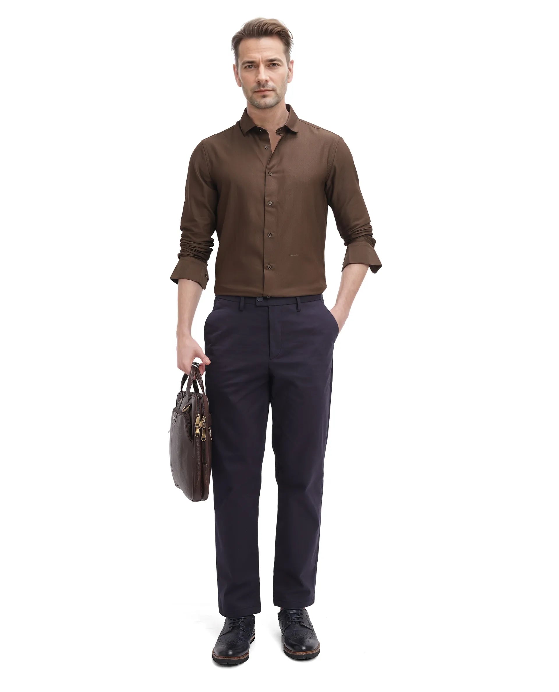 Rare Rabbit Men Mer Dark Olive Viscose Polyester Lycra Fabric Full Sleeve Button Closure Regular Fit Herringbone Textured Shirt