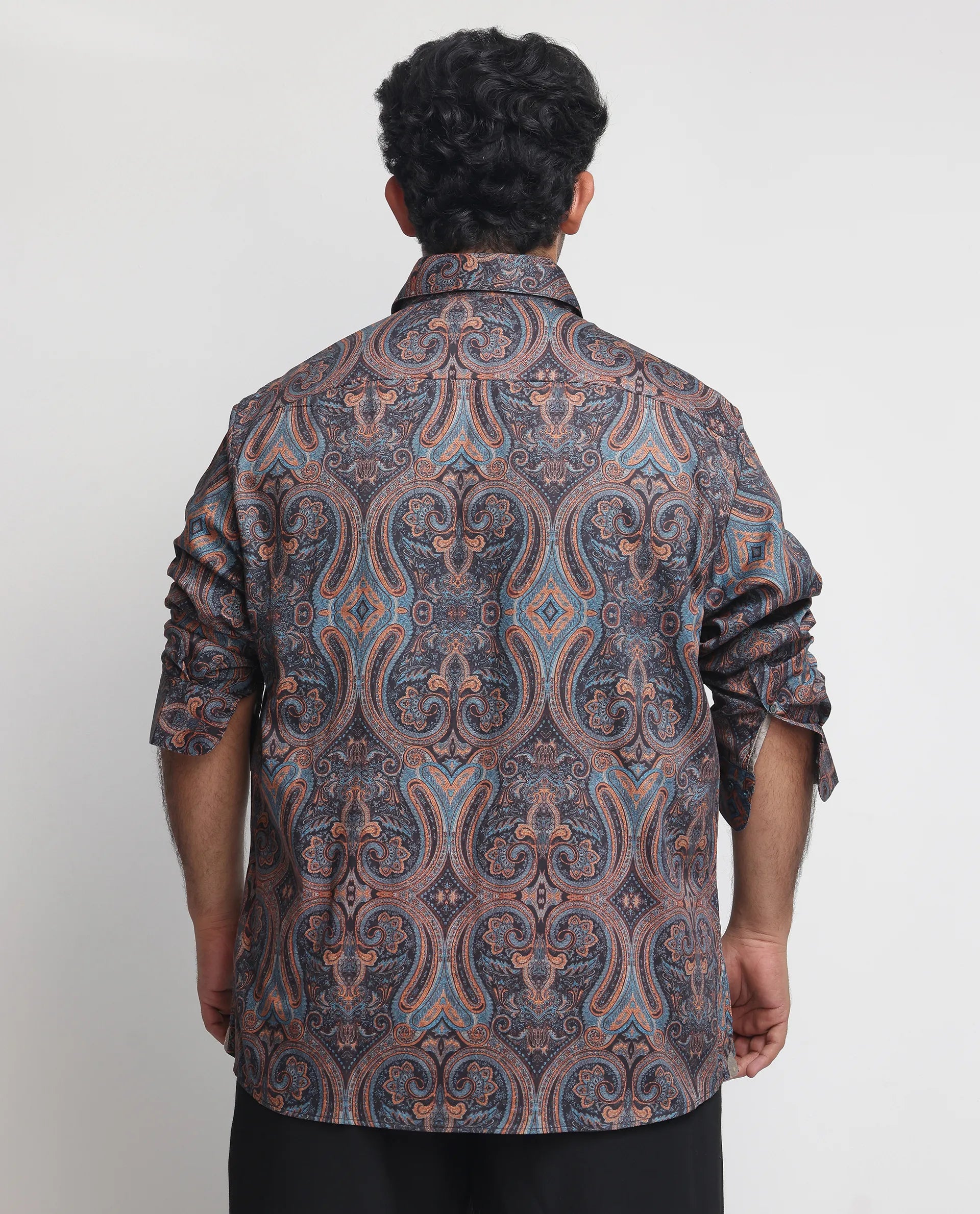 Rare Rabbit Men's Mergers Navy Cotton Fabric Full Sleeves Paisley Print Shirt Plus Size