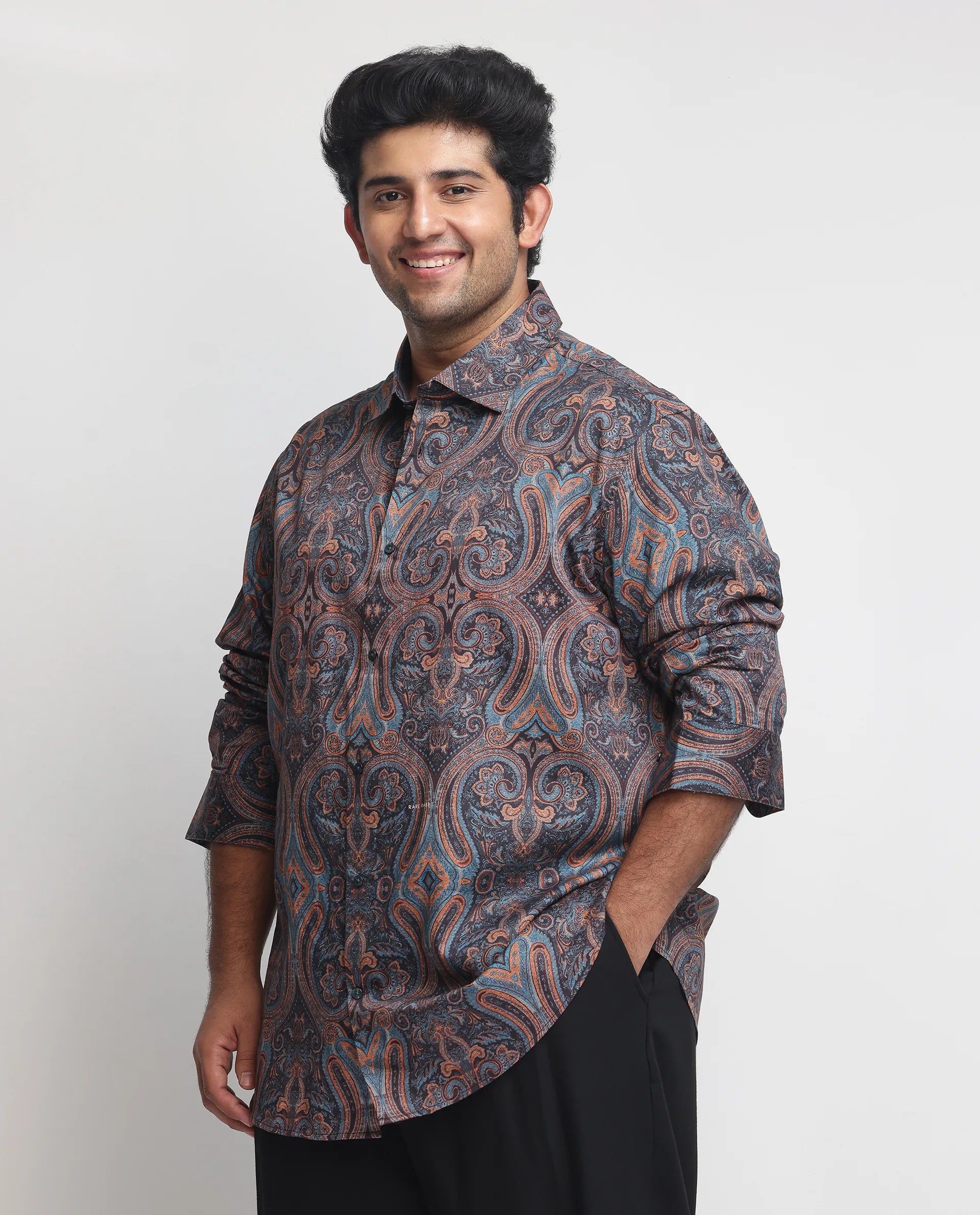 Rare Rabbit Men's Mergers Navy Cotton Fabric Full Sleeves Paisley Print Shirt Plus Size