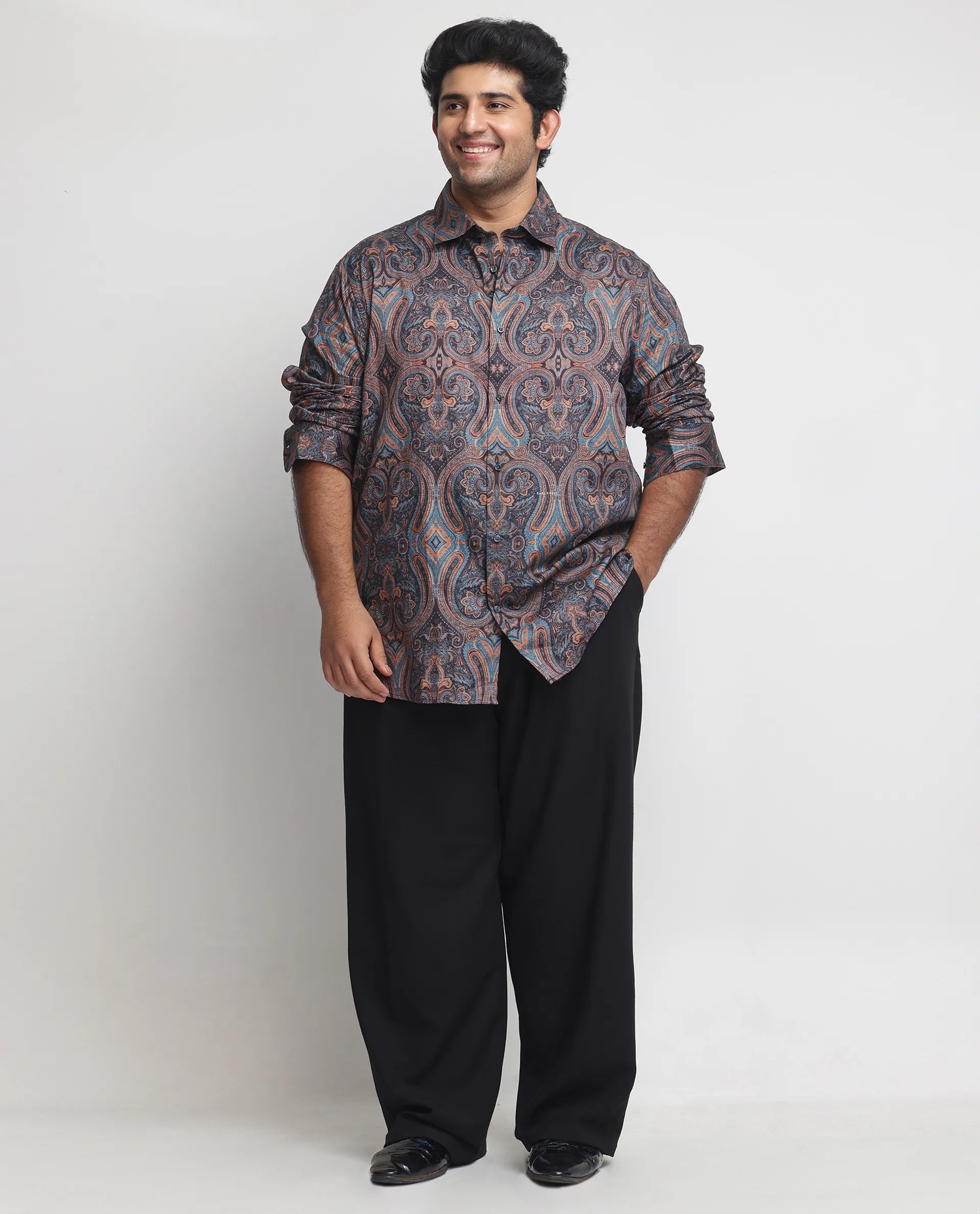 Rare Rabbit Men's Mergers Navy Cotton Fabric Full Sleeves Paisley Print Shirt Plus Size