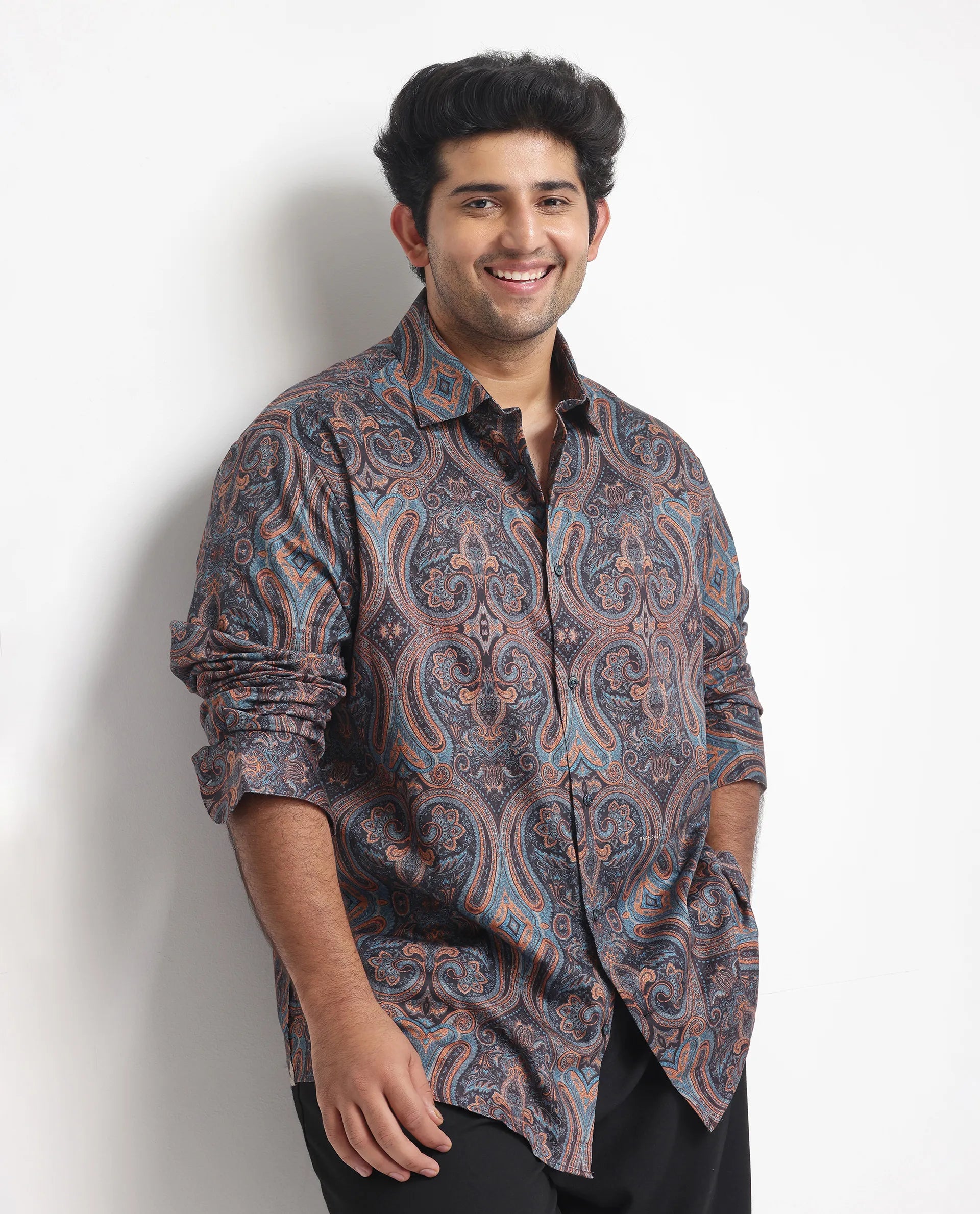 Rare Rabbit Men's Mergers Navy Cotton Fabric Full Sleeves Paisley Print Shirt Plus Size