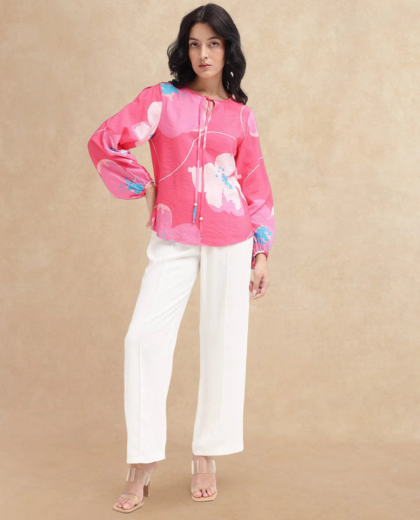 Rareism Women Mestero Pink Bishop Sleeve Tie Up Neck Floral Print Top