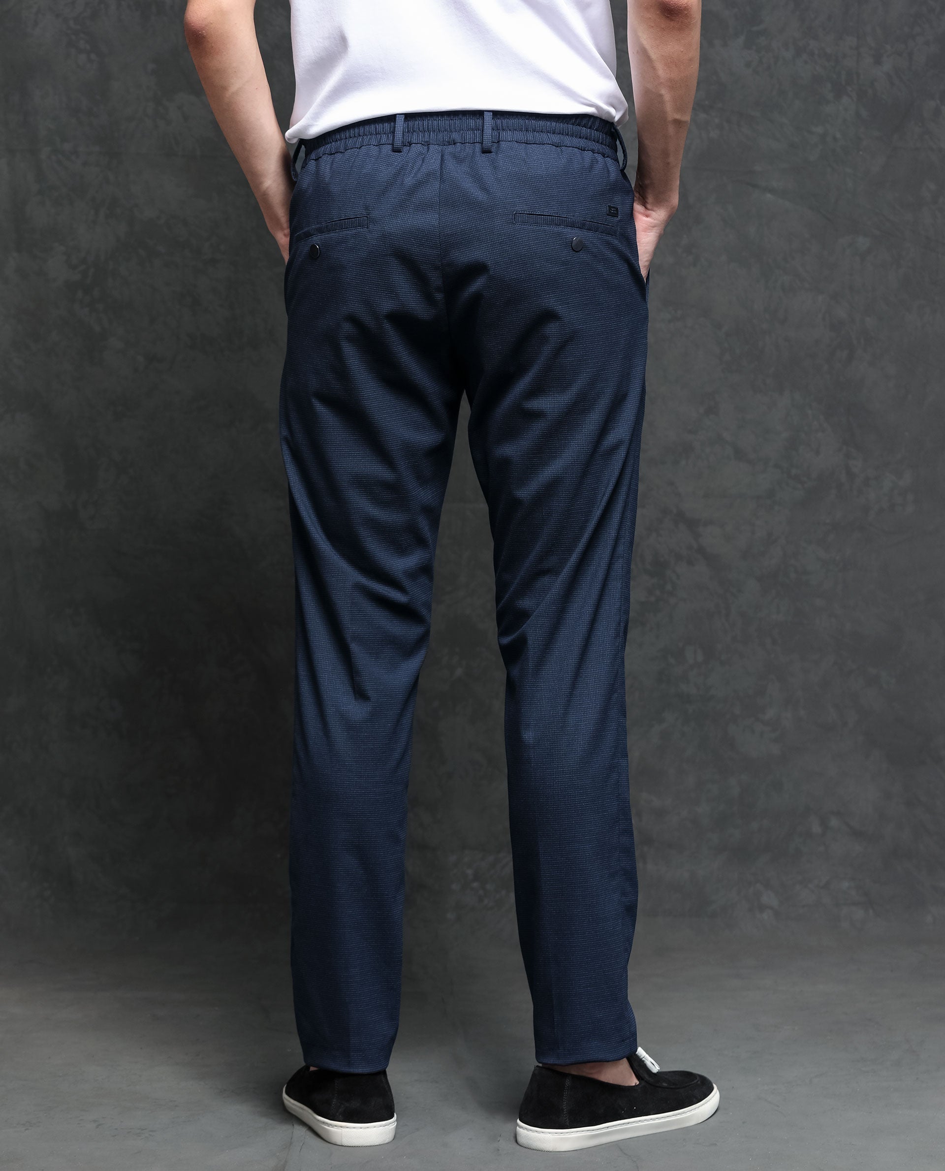Rare Rabbit Men's Microl Navy Solid Mid-Rise Premium Regular Fit Trouser