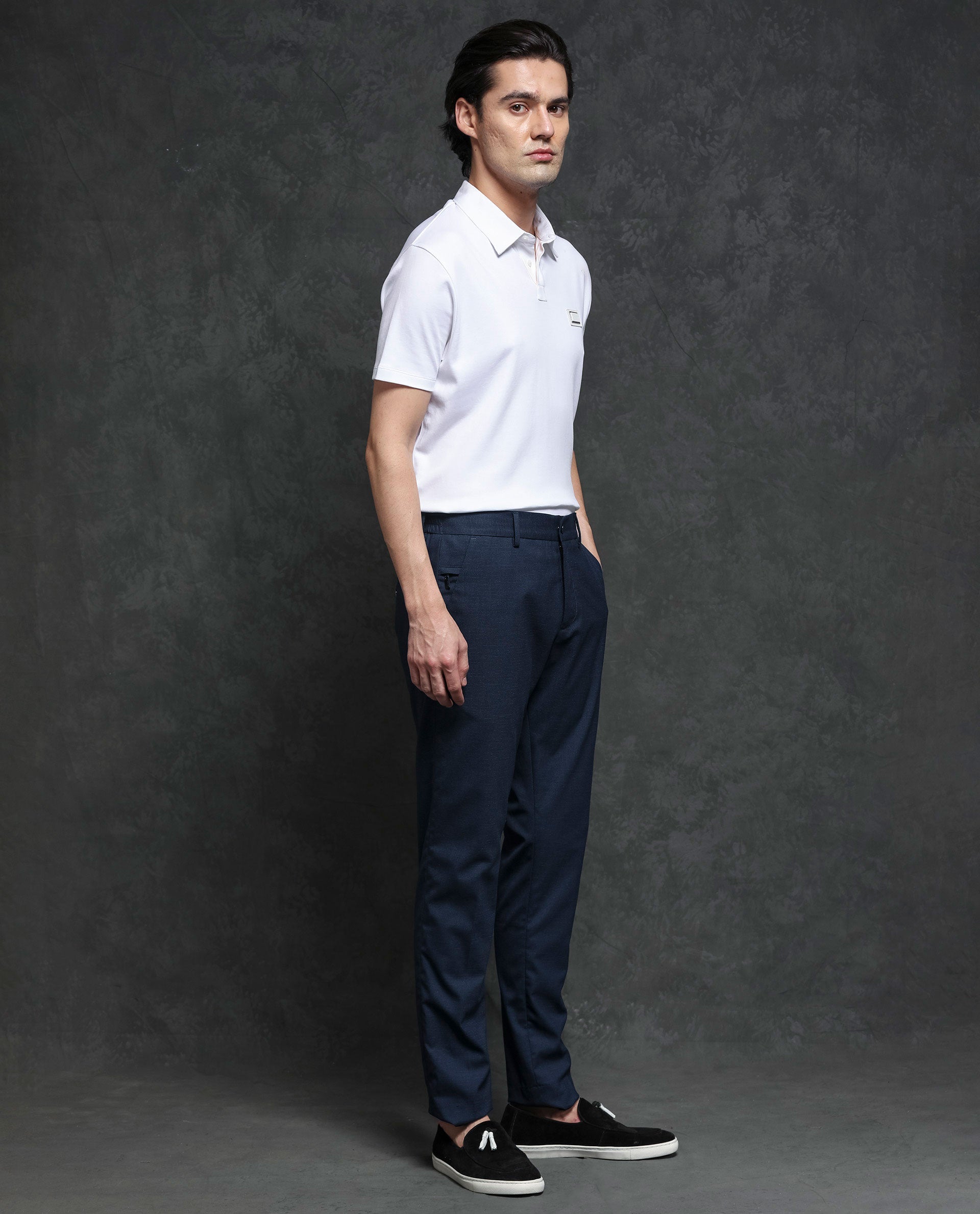 Rare Rabbit Men's Microl Navy Solid Mid-Rise Premium Regular Fit Trouser