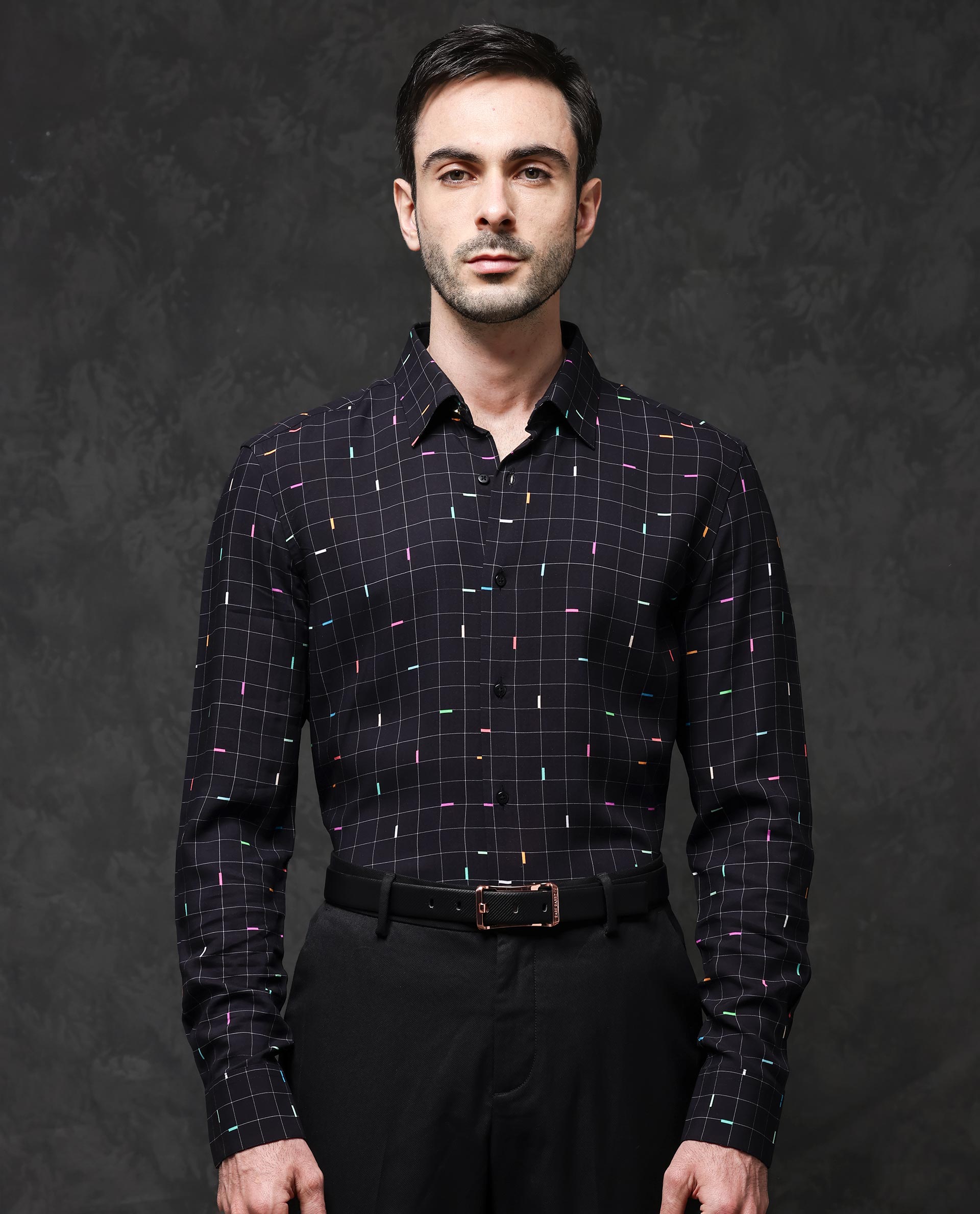 Rare Rabbit Mens Minor Black Viscose Fabric Full Sleeve Geometric Print Shirt
