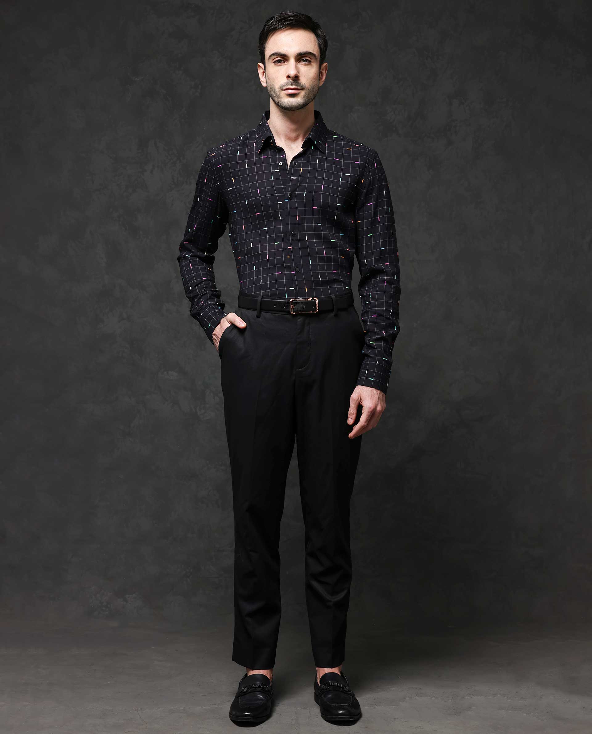 Rare Rabbit Mens Minor Black Viscose Fabric Full Sleeve Geometric Print Shirt